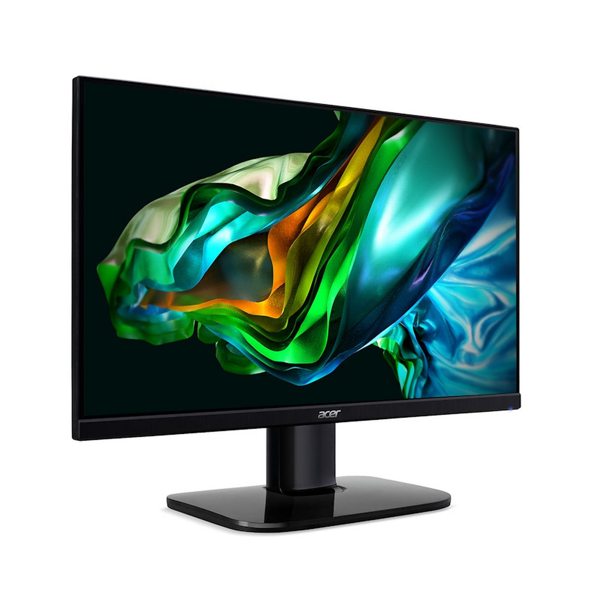 Un monitor Acer nero che mostra un'immagine astratta e colorata.