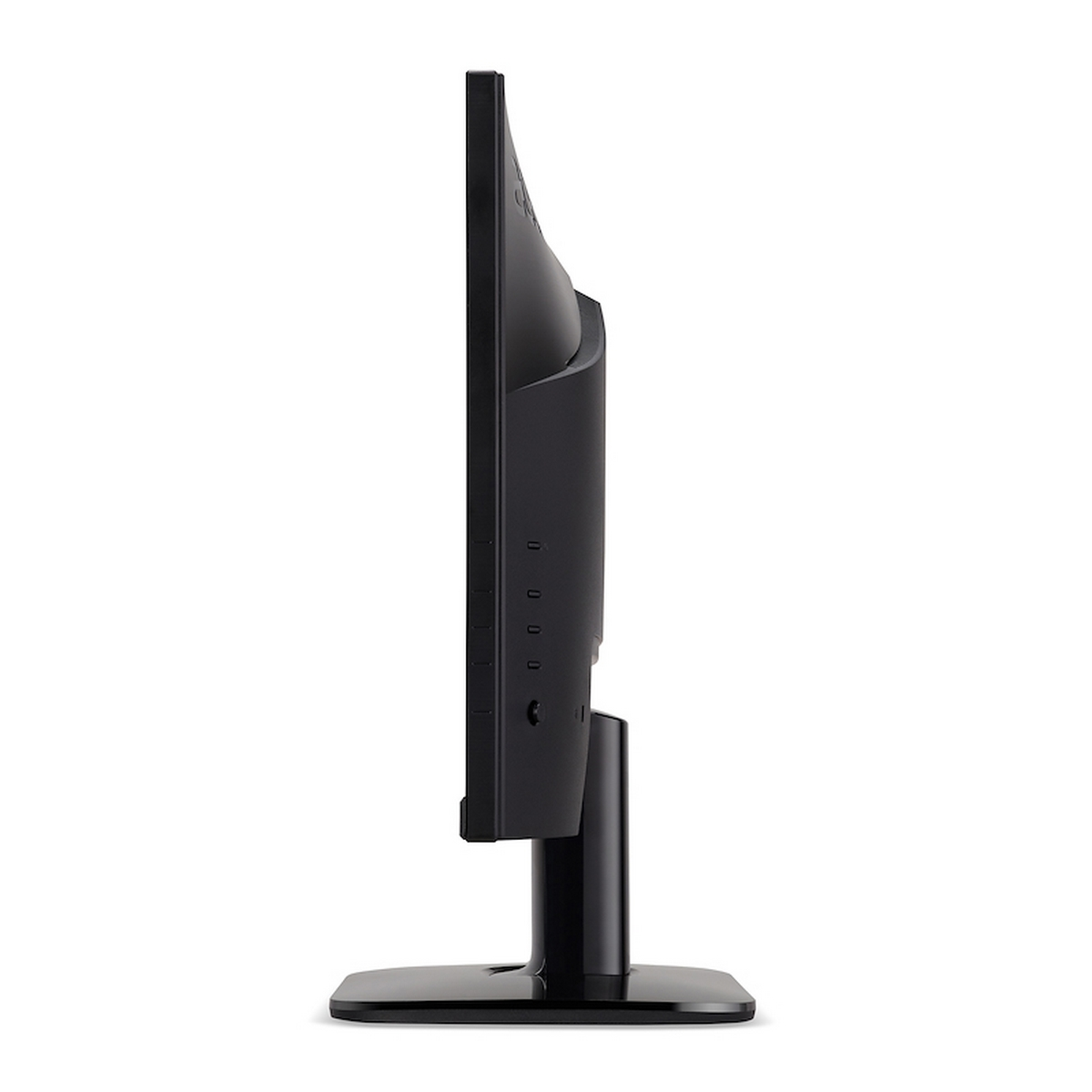 Monitor del computer nero. Vista laterale. Supporto nero. Sfondo bianco.