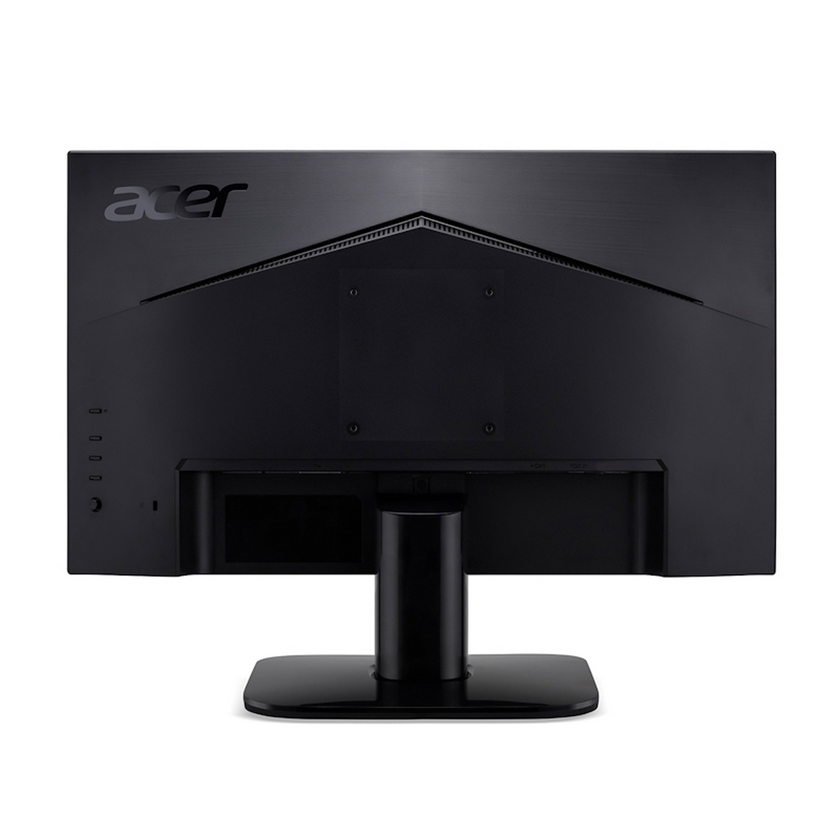 Retro di un monitor Acer nero. Ha un supporto e porte di connessione.