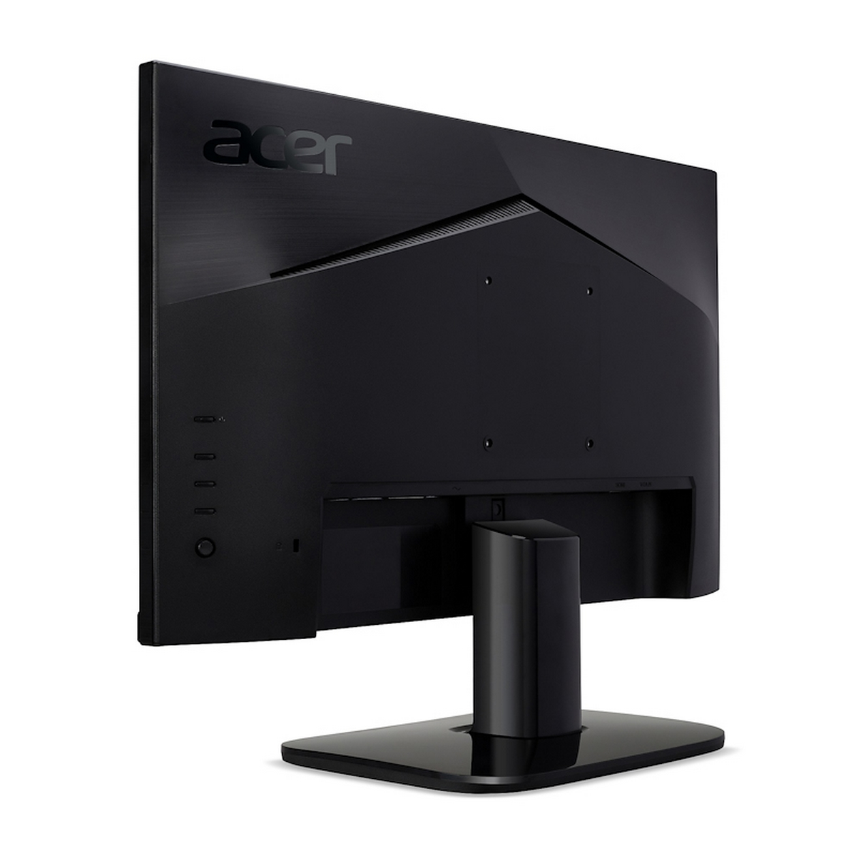 Vista posteriore di un monitor Acer nero su sfondo bianco.