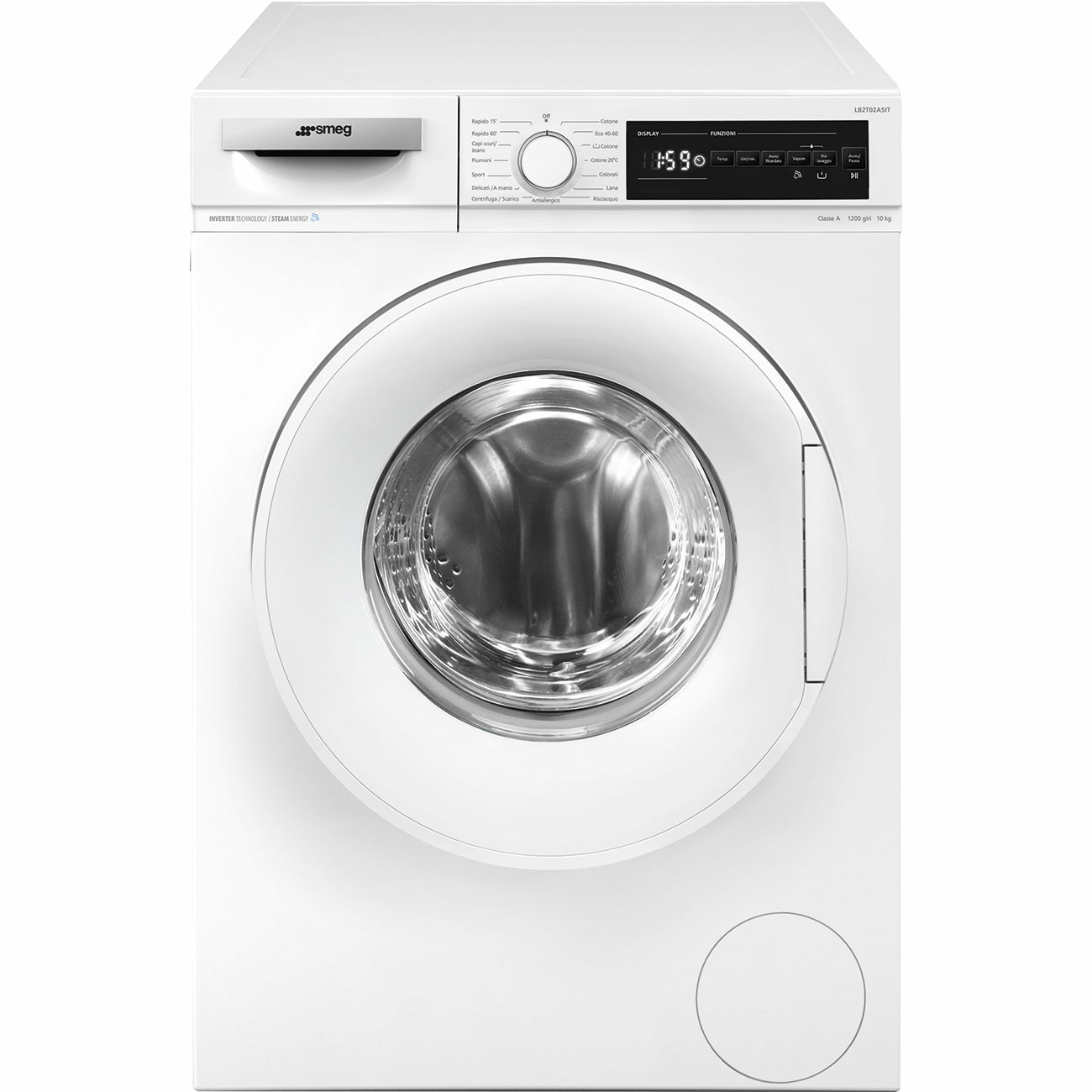 Una lavatrice bianca con display digitale e oblò rotondo.
