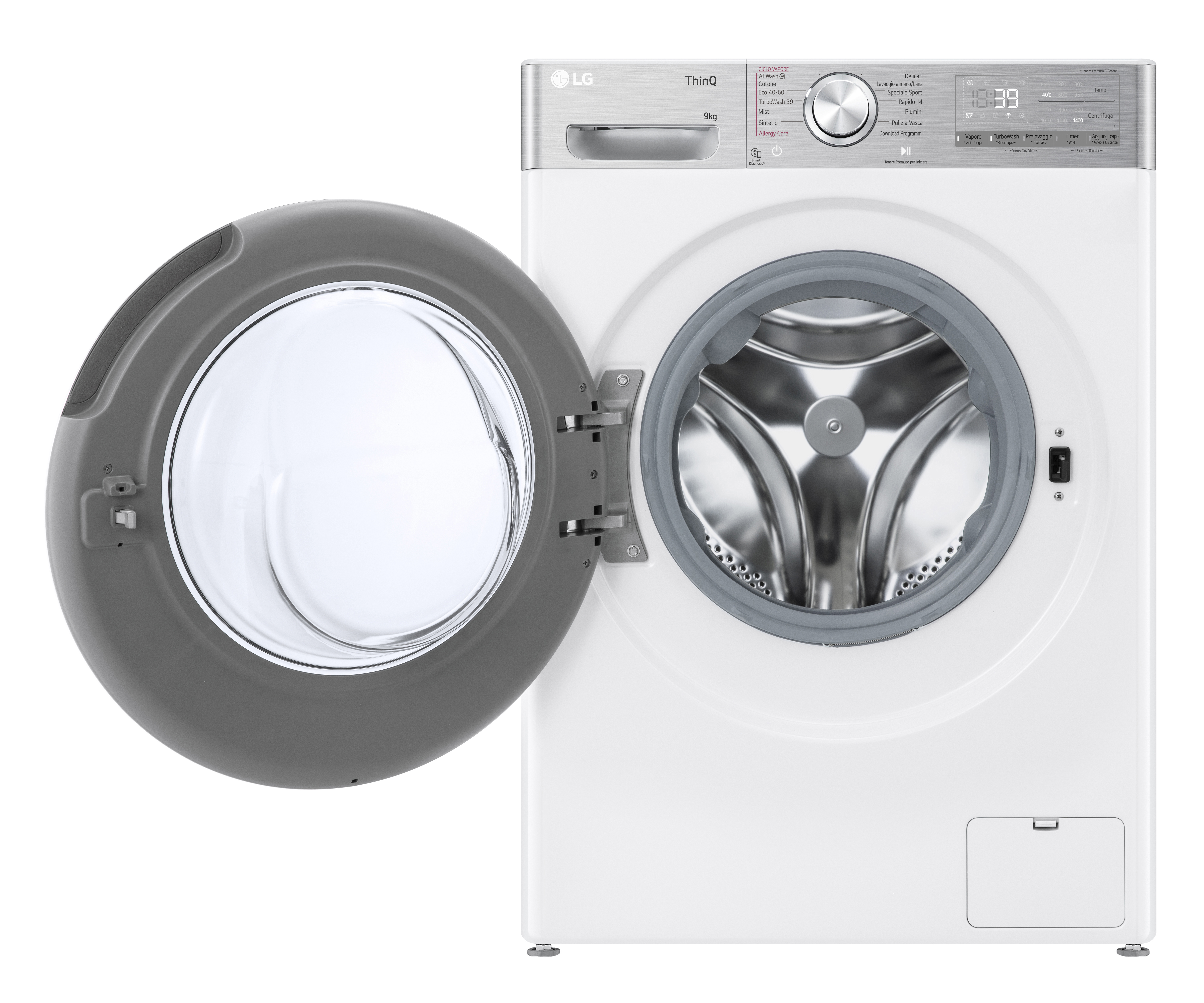 Lavatrice LG ThinQ bianca. Porta aperta, finiture argentate, pannello di controllo. Sfondo bianco.
