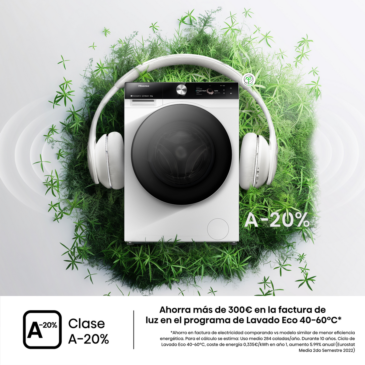 Lavadora blanca con auriculares encima. Fondo verde con texto y logotipo.