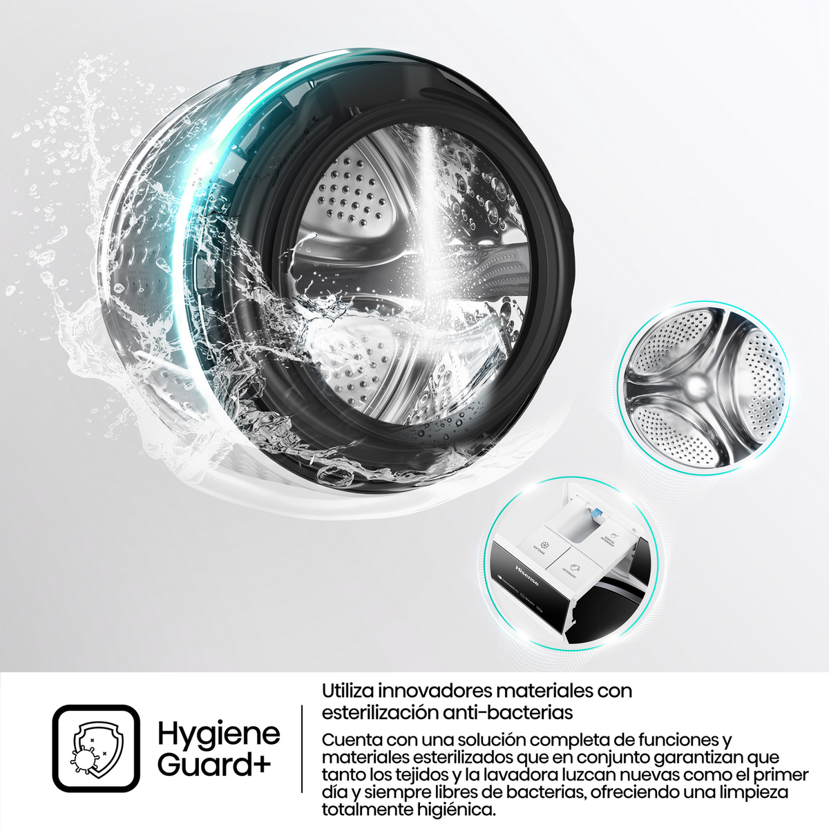 Lavadora con función Hygiene Guard+. Muestra un efecto de salpicaduras de agua. Tiene una pantalla digital.