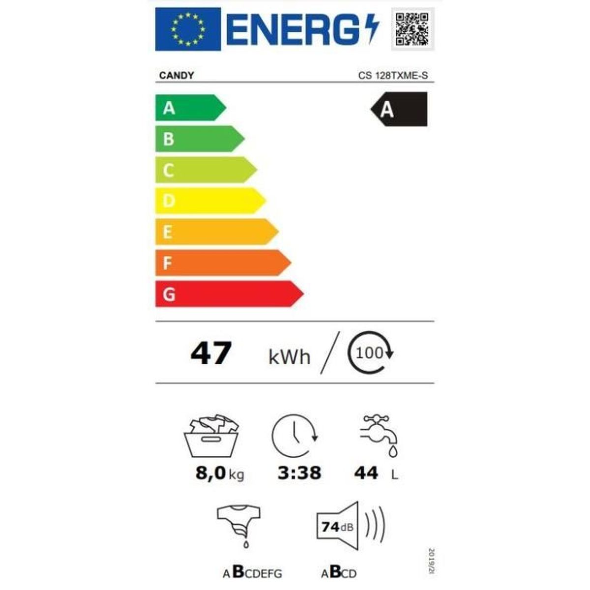 Etichetta energetica. Barre da verde a rosso, che mostrano l'efficienza energetica, icone.