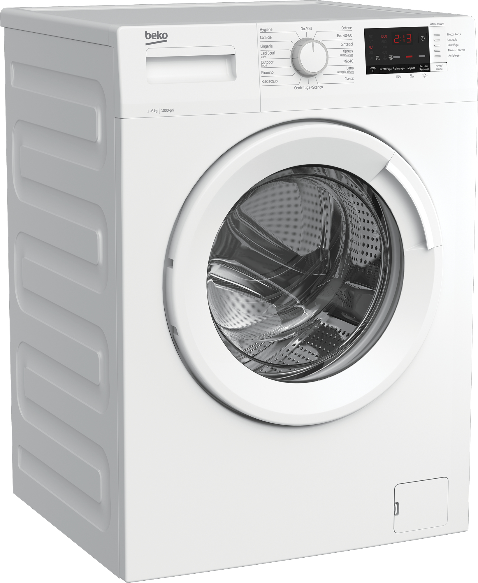 Lavatrice Beko bianca, vista angolata. L'oblò è circolare e ha un display digitale.