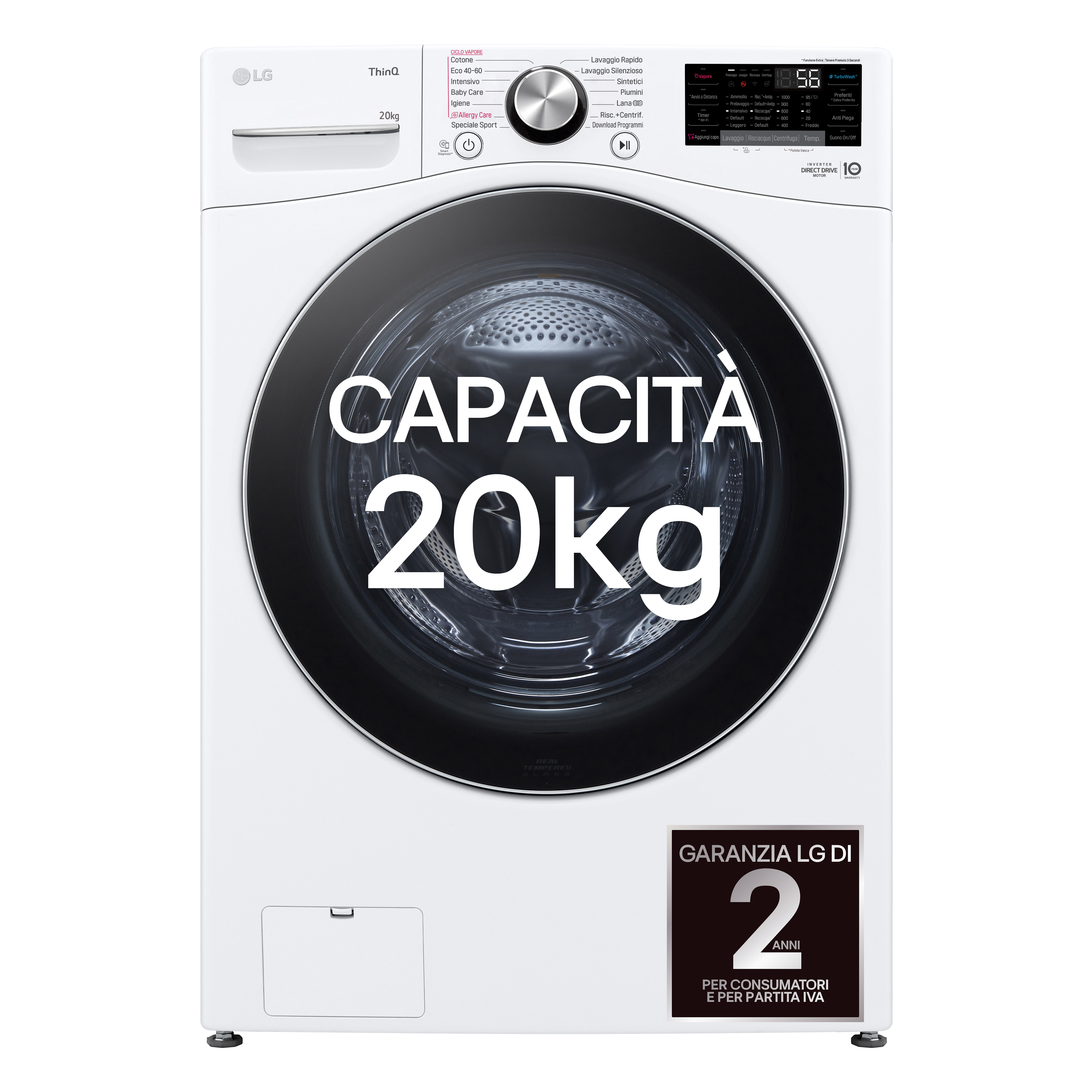 Lavatrice LG bianca, vista frontale, con capacità 20kg ed etichetta garanzia 2 anni.