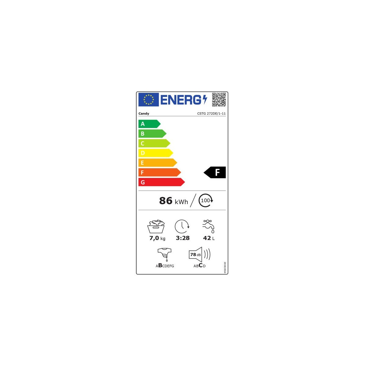 Un'etichetta energetica per una lavatrice. Mostra l'efficienza energetica e altre specifiche.