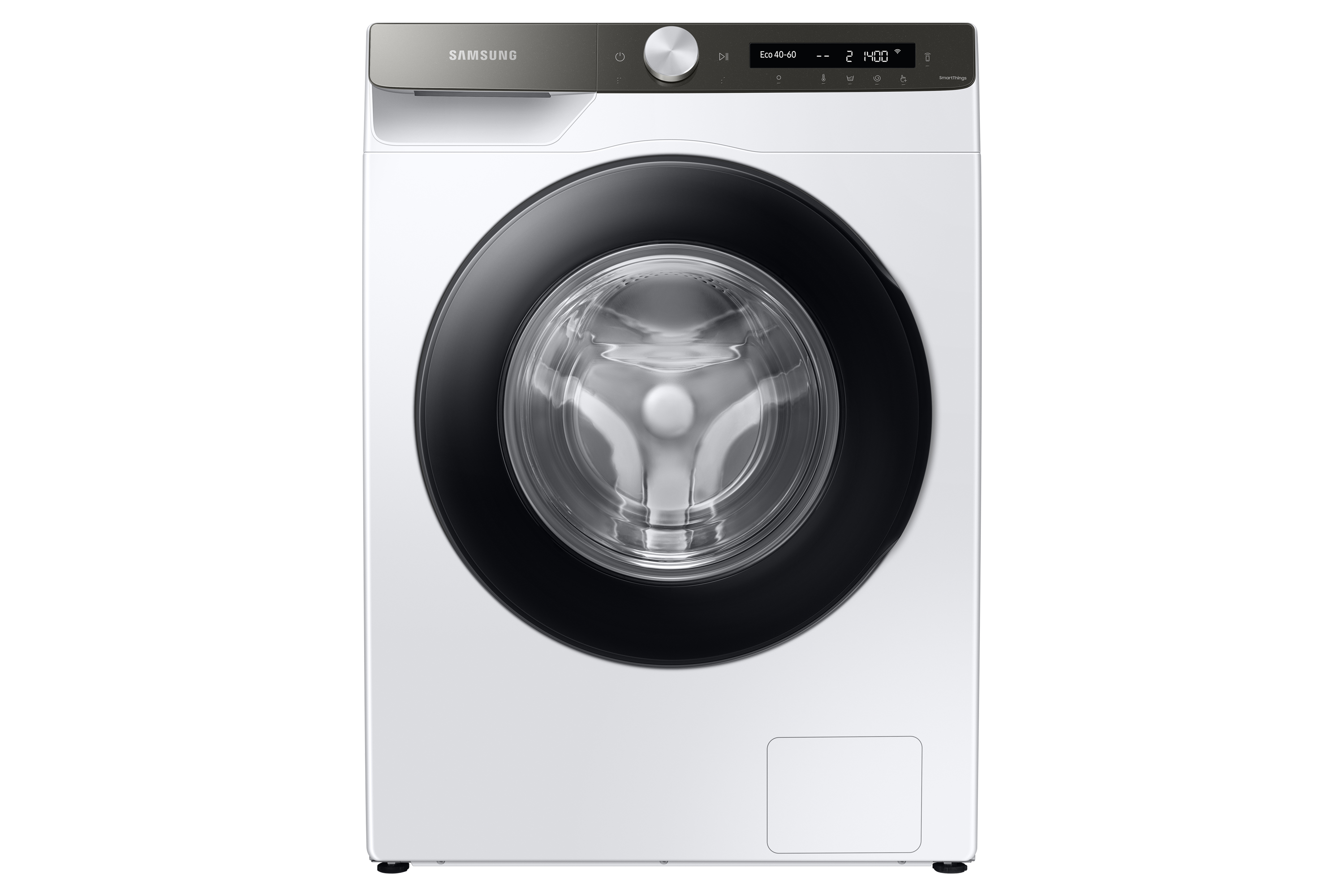 Lavatrice Samsung bianca. Design a carica frontale con porta nera e display digitale. Isolato su bianco.