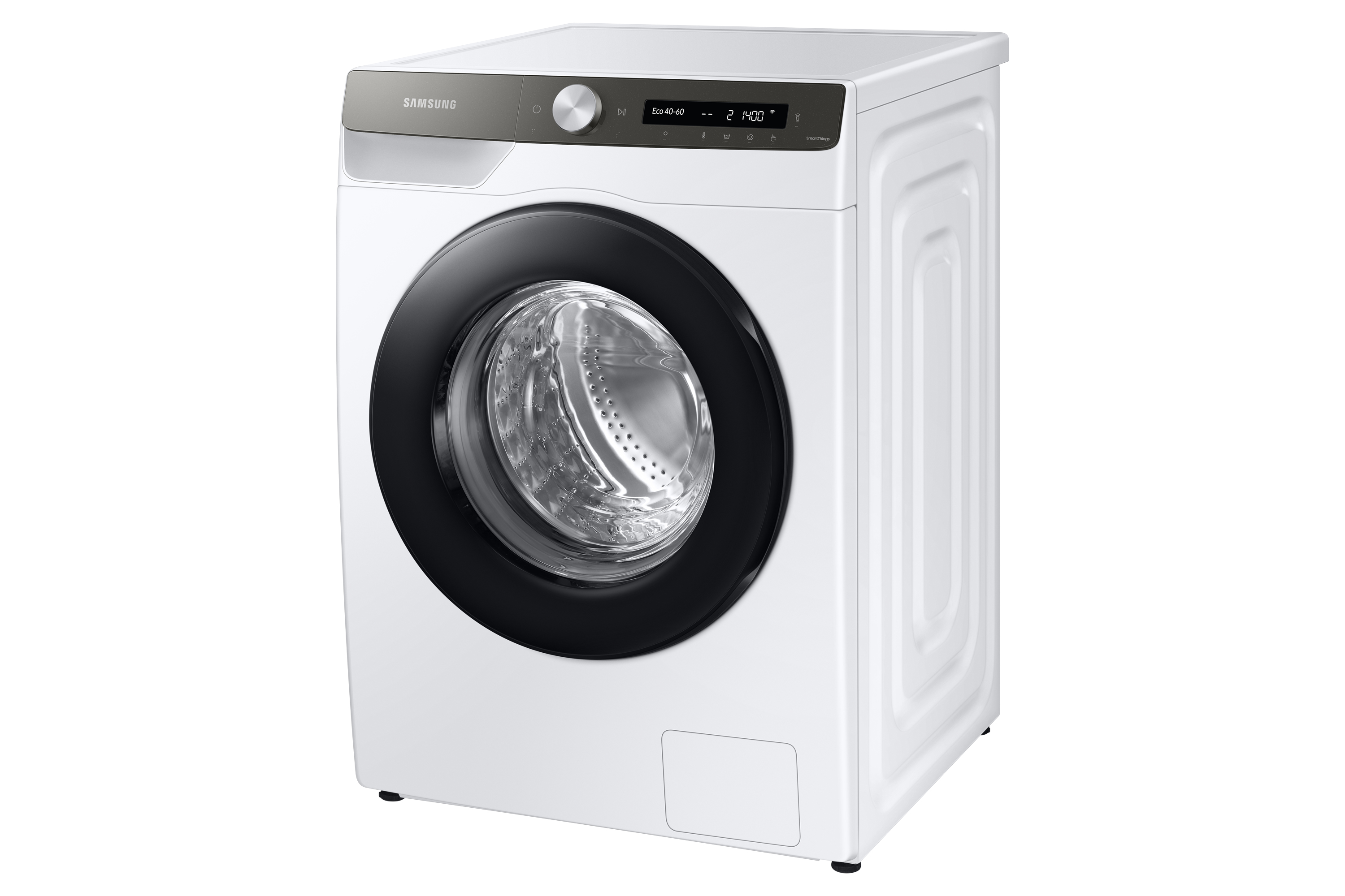 Lavatrice Samsung bianca con porta nera, su sfondo bianco.