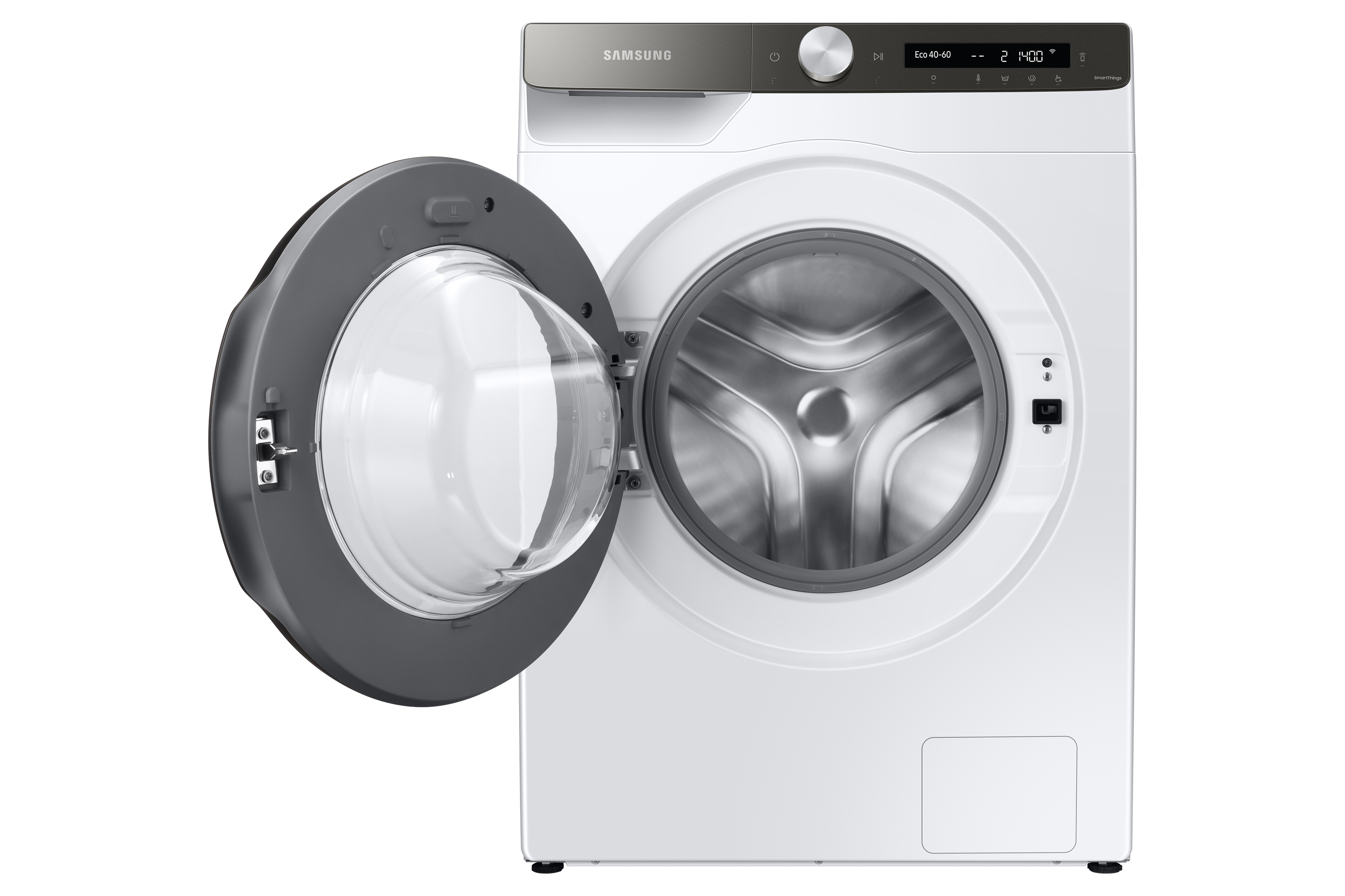 Lavatrice Samsung bianca con la porta aperta. L'interno è visibile.