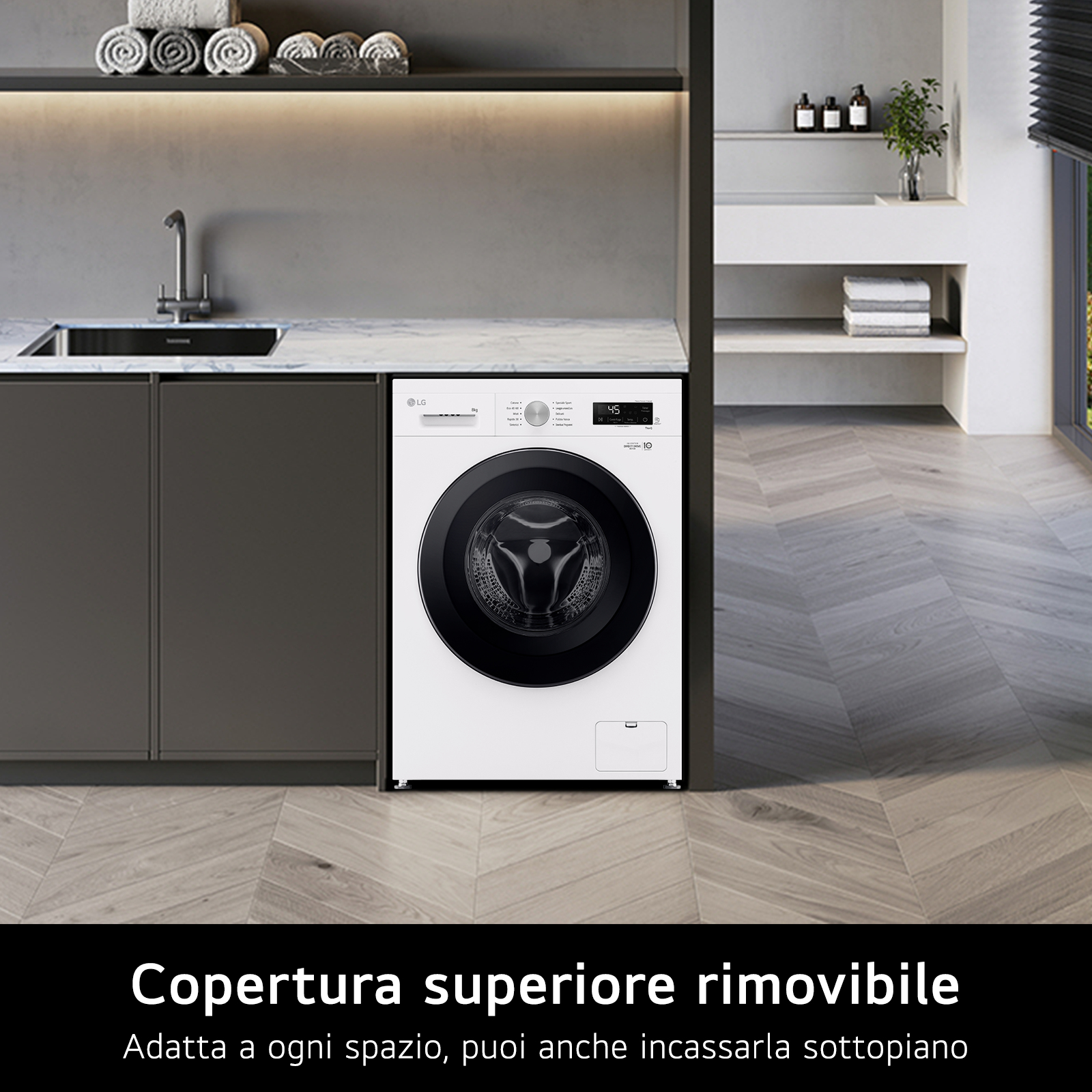 Lavatrice bianca, con interno scuro, in una stanza.