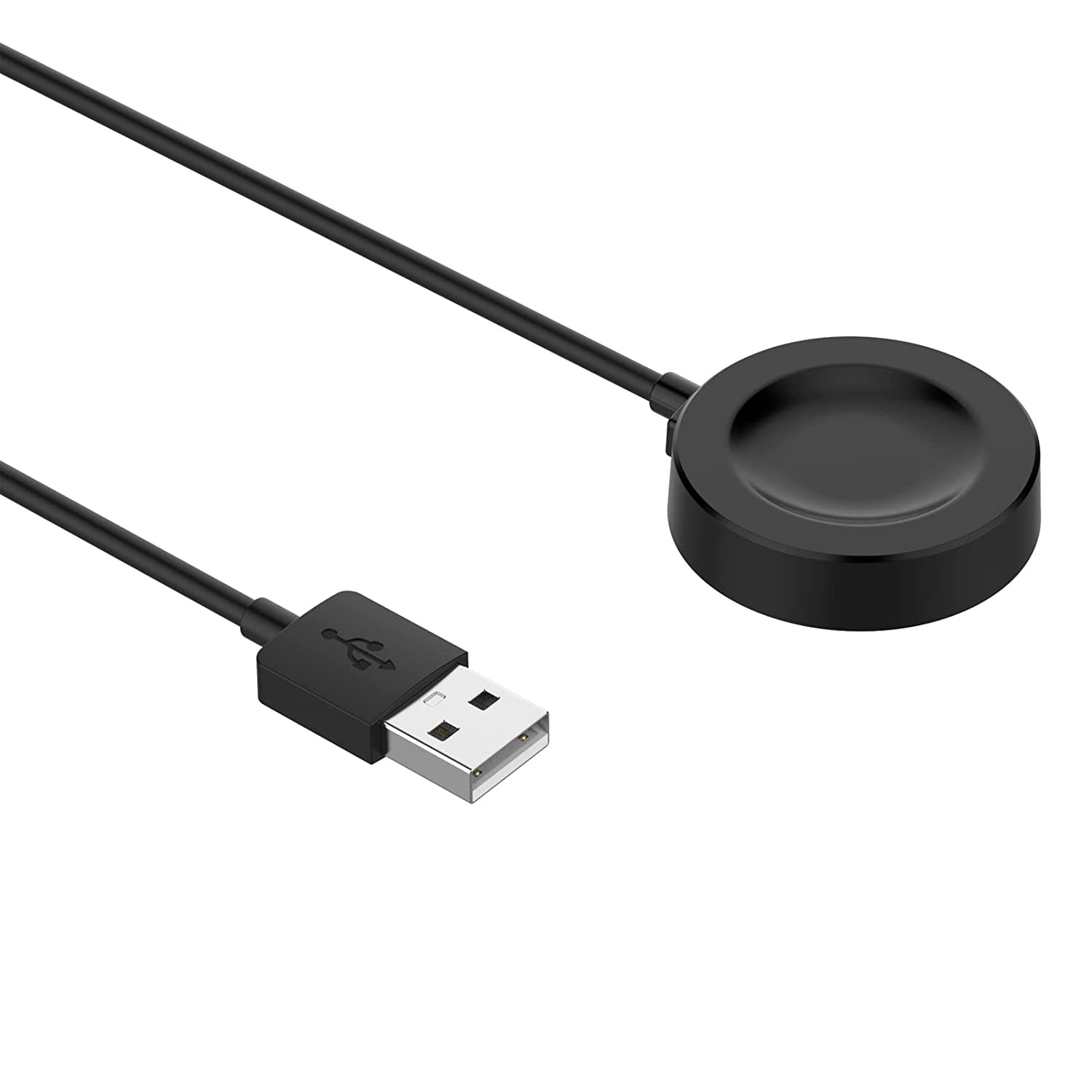 Schwarzes USB-Ladekabel und Ladepad. Weißer Hintergrund.