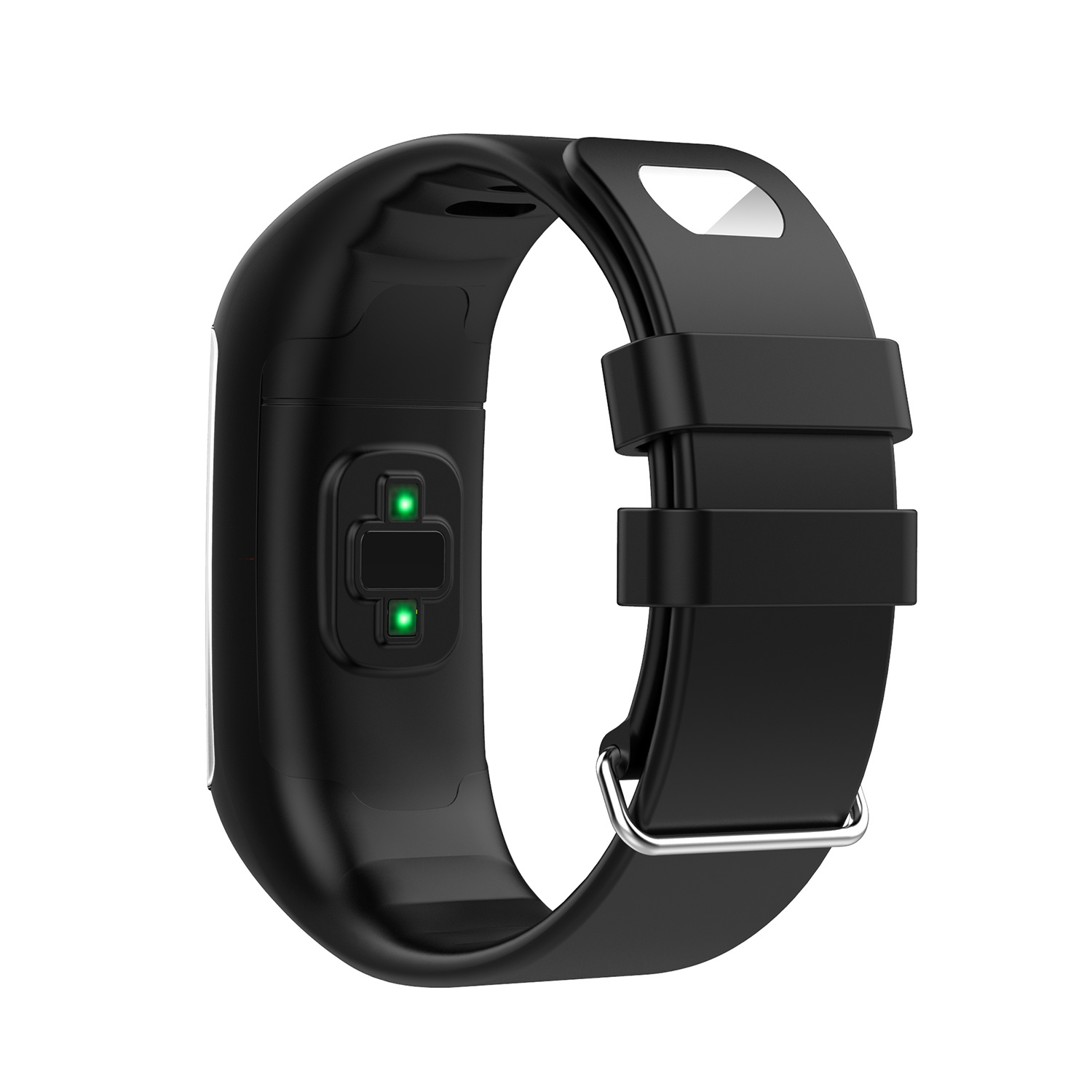 Schwarzes Fitness-Tracker-Armband mit grünen Lichtern, gebogenes Design.