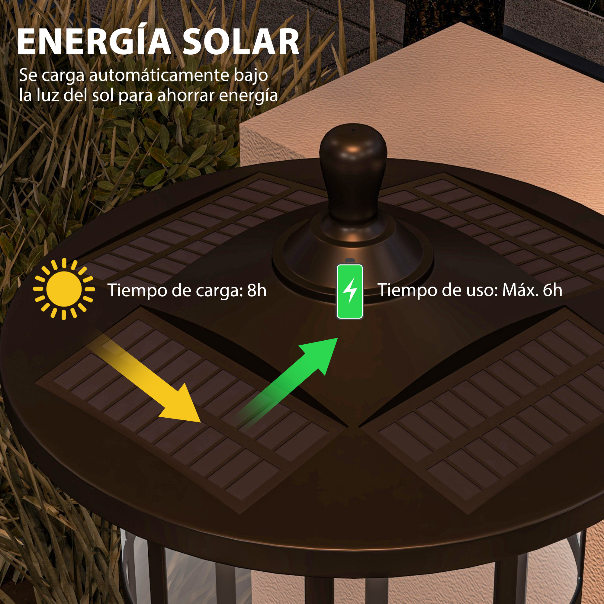Lámpara exterior con energía solar, con texto y gráfico que muestra la carga solar. La lámpara es marrón.