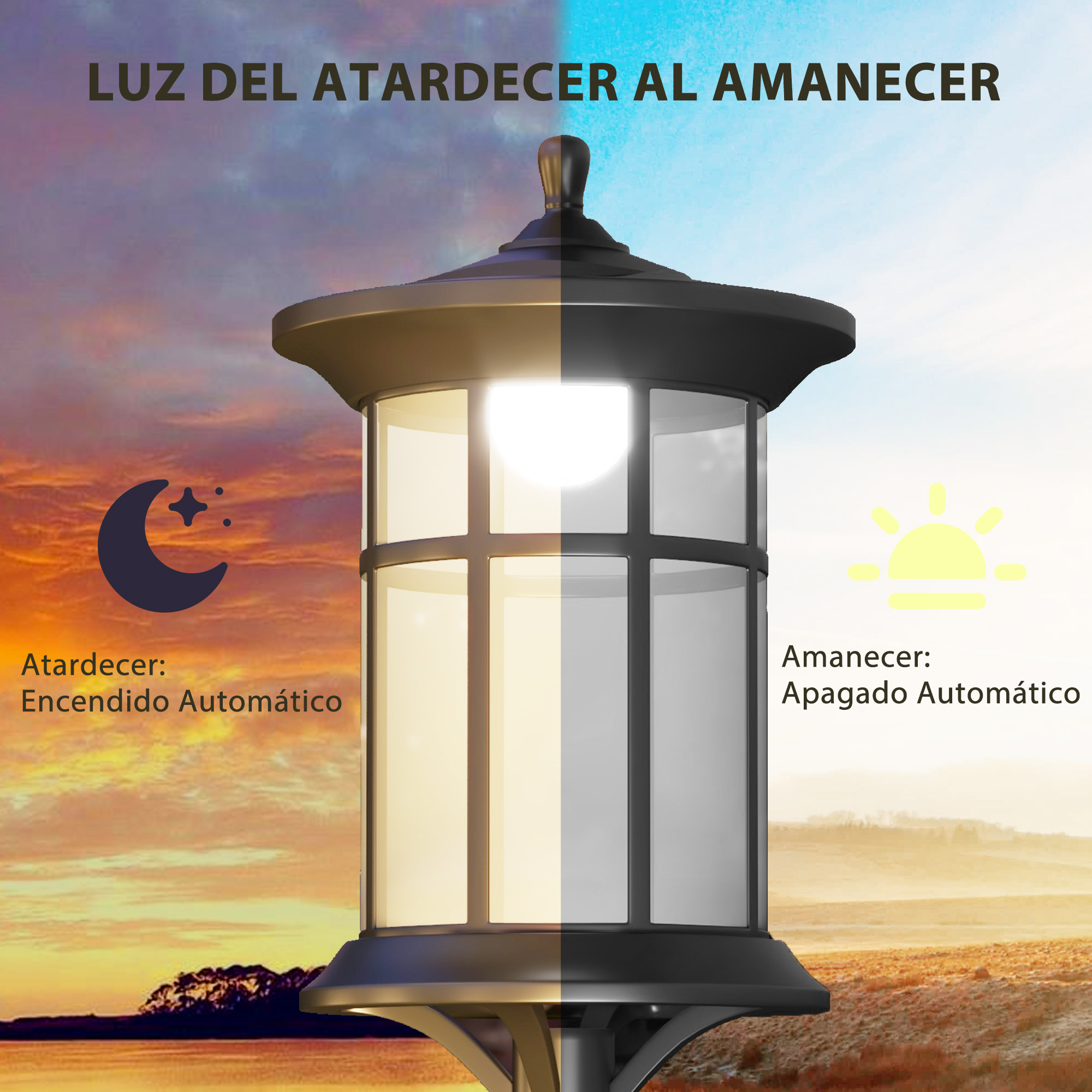 Lámpara exterior con luz a la izquierda, oscuro a la derecha. Dice 'Noche a Día'.