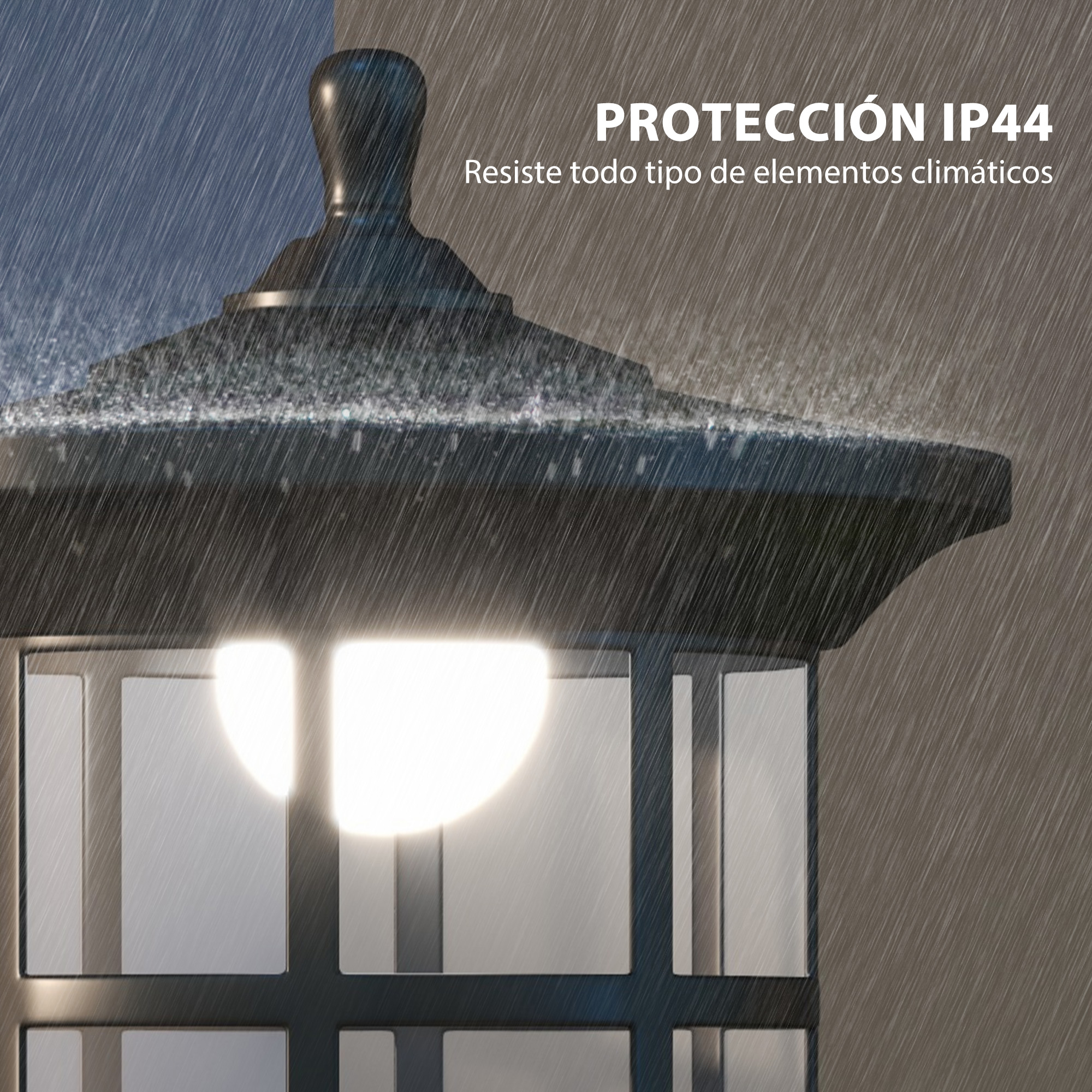 Primer plano de una farola negra con lluvia y el texto 'PROTECCIÓN IP44'. Es una escena oscura.