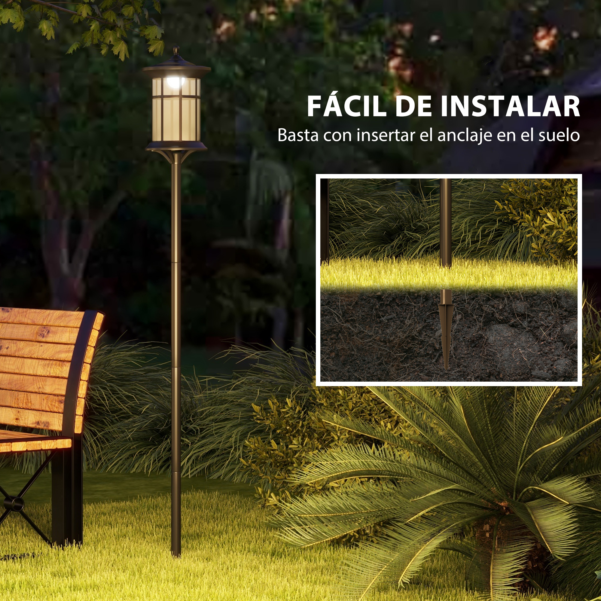 Escena al aire libre con un poste de lámpara y texto: "FÁCIL DE INSTALAR. Simplemente inserte el anclaje en el suelo."