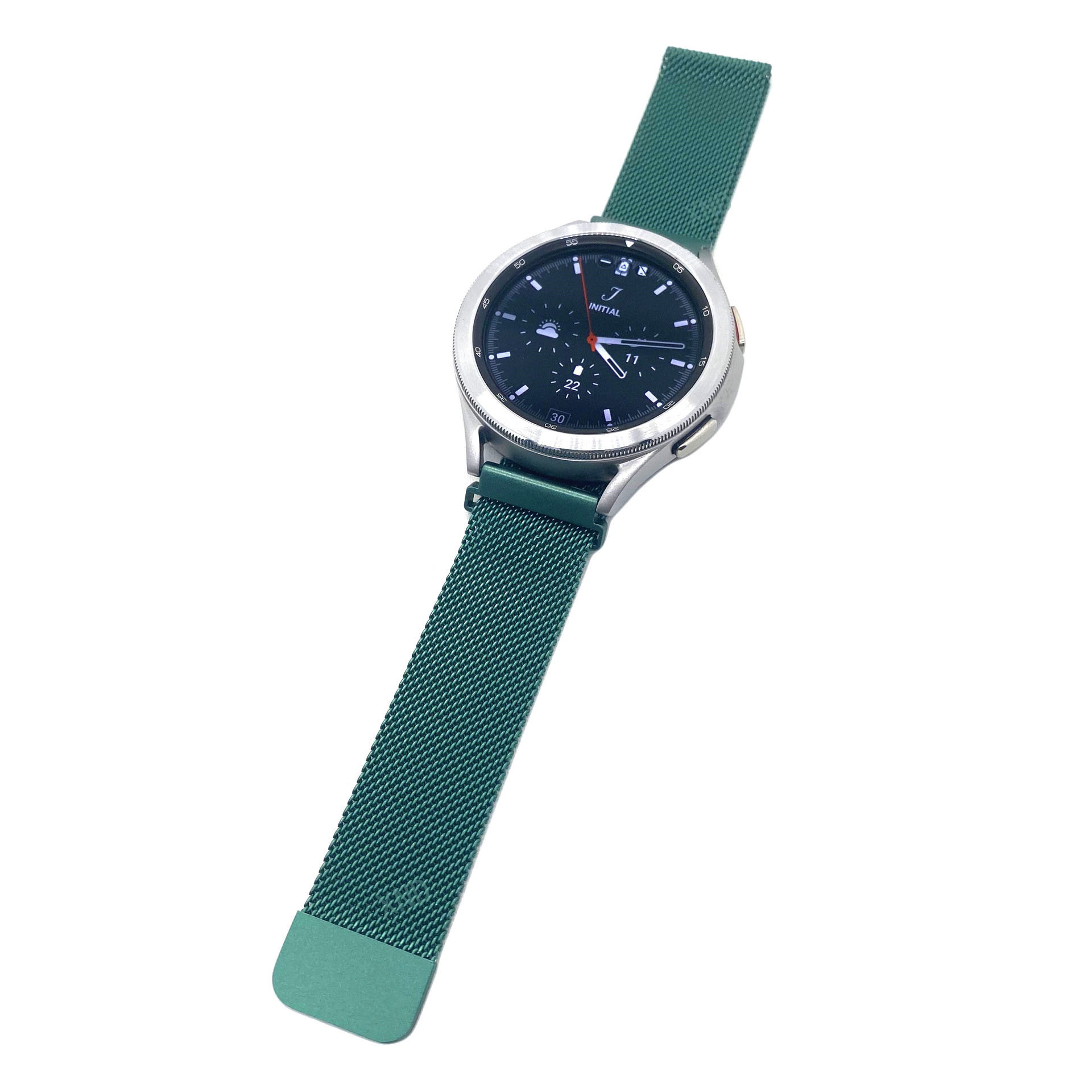 Eine silberne Smartwatch mit grünem Mesh-Armband. Das Zifferblatt zeigt die Zeit.