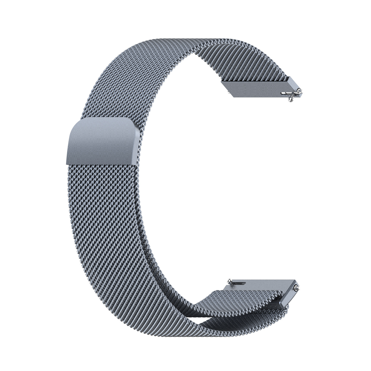 Ein metallisches Mesh-Uhrenarmband, C-förmig gebogen, für eine Smartwatch.