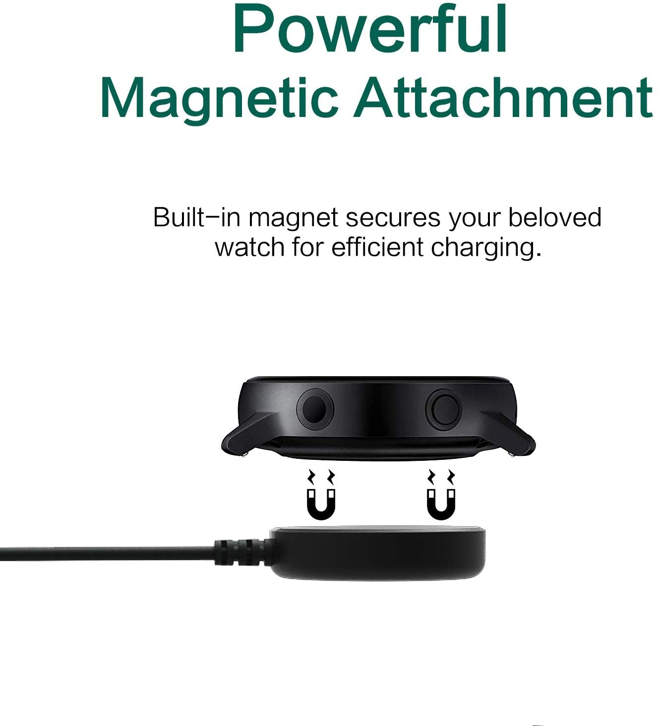 Schwarze Smartwatch wird aufgeladen. Eine Uhr über einer Ladestation; Magnete werden gezeigt.