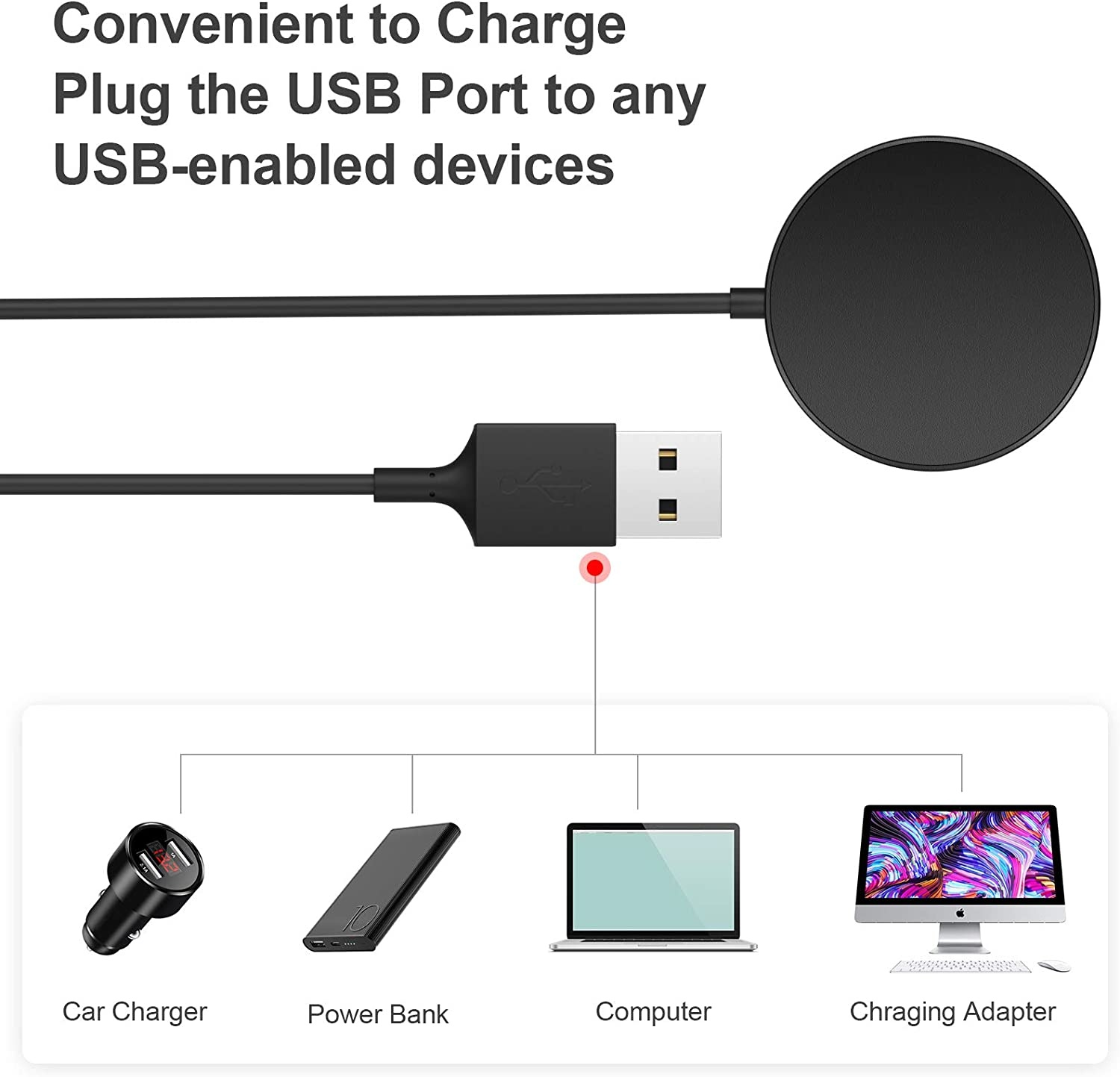 Schwarzes Ladepad mit einem USB-Kabel, das an verschiedene Geräte angeschlossen ist.