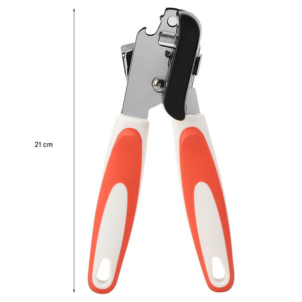 Ein 21 cm langer Dosenöffner mit rot-weißen Griffen, die Maße sind angezeigt.