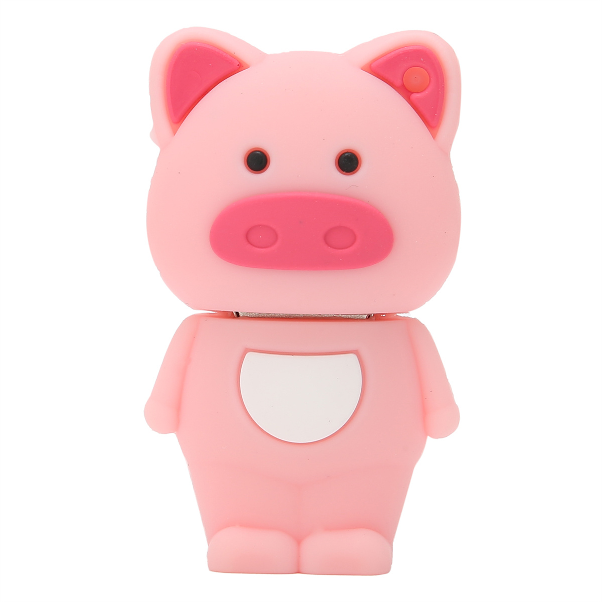 Rosa USB-Stick in Schweineform. Cartoon-Design, weißer Bauch und sichtbarer USB-Anschluss.
