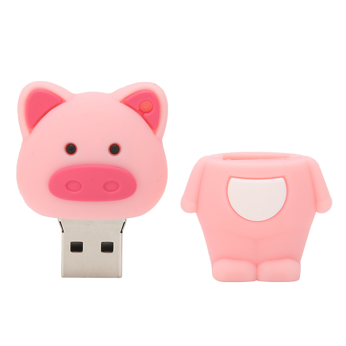 Rosa USB-Stick in Schweinchenform, mit abnehmbarer Schweine-Körperabdeckung.