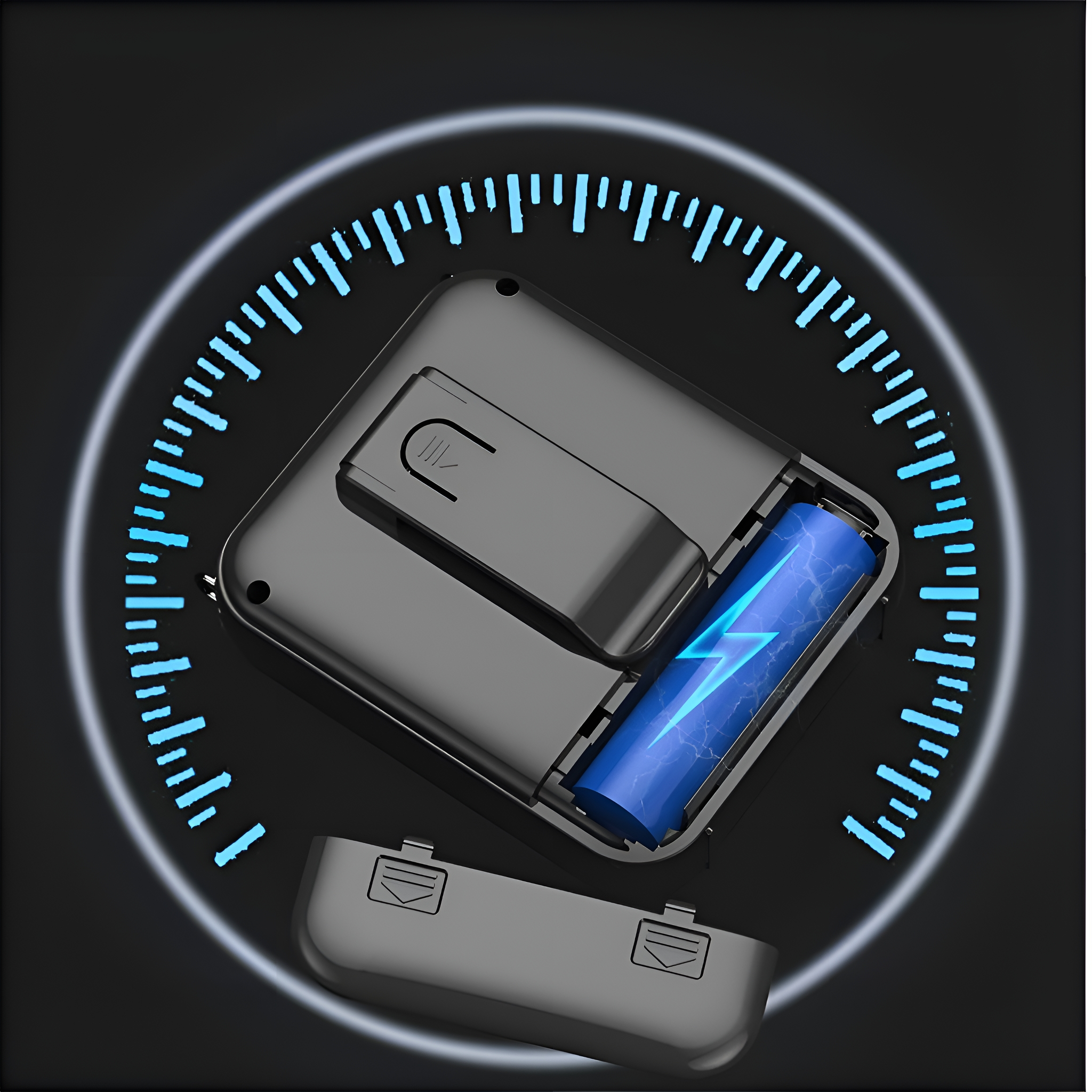 Schwarzes Gerät mit offenem Batteriefach, blaue Batterie innen, umgeben von einem leuchtenden blauen Kreis.