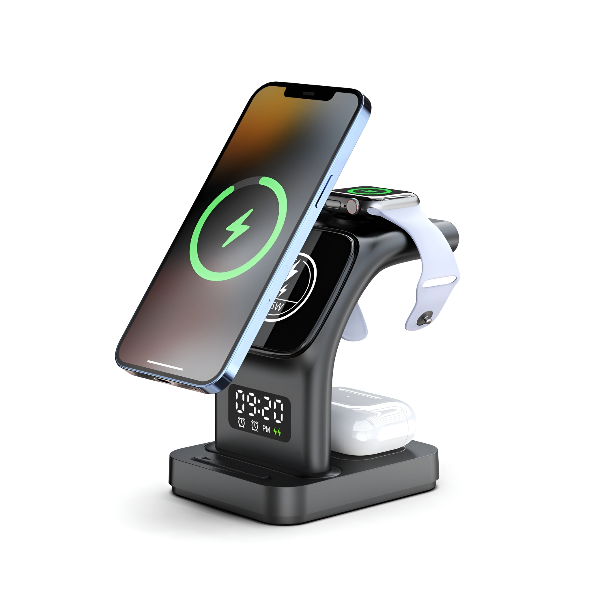 Ein kabelloses Ladegerät mit Telefon, Uhr und Ohrhörern. Schwarze Basis mit digitaler Uhrenanzeige.