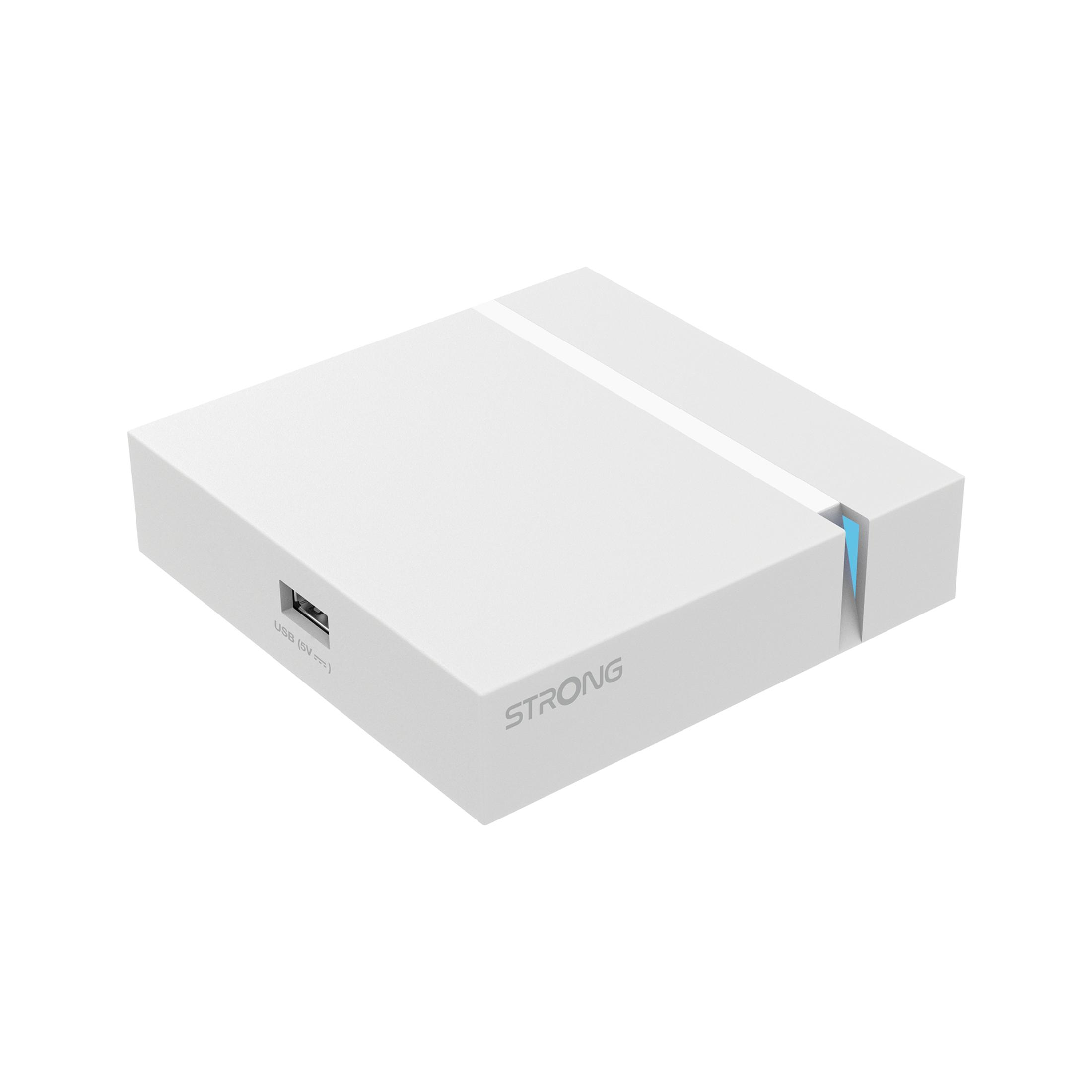 Weiße TV-Box mit USB-Anschluss. Weißer Hintergrund. Seitenansicht.