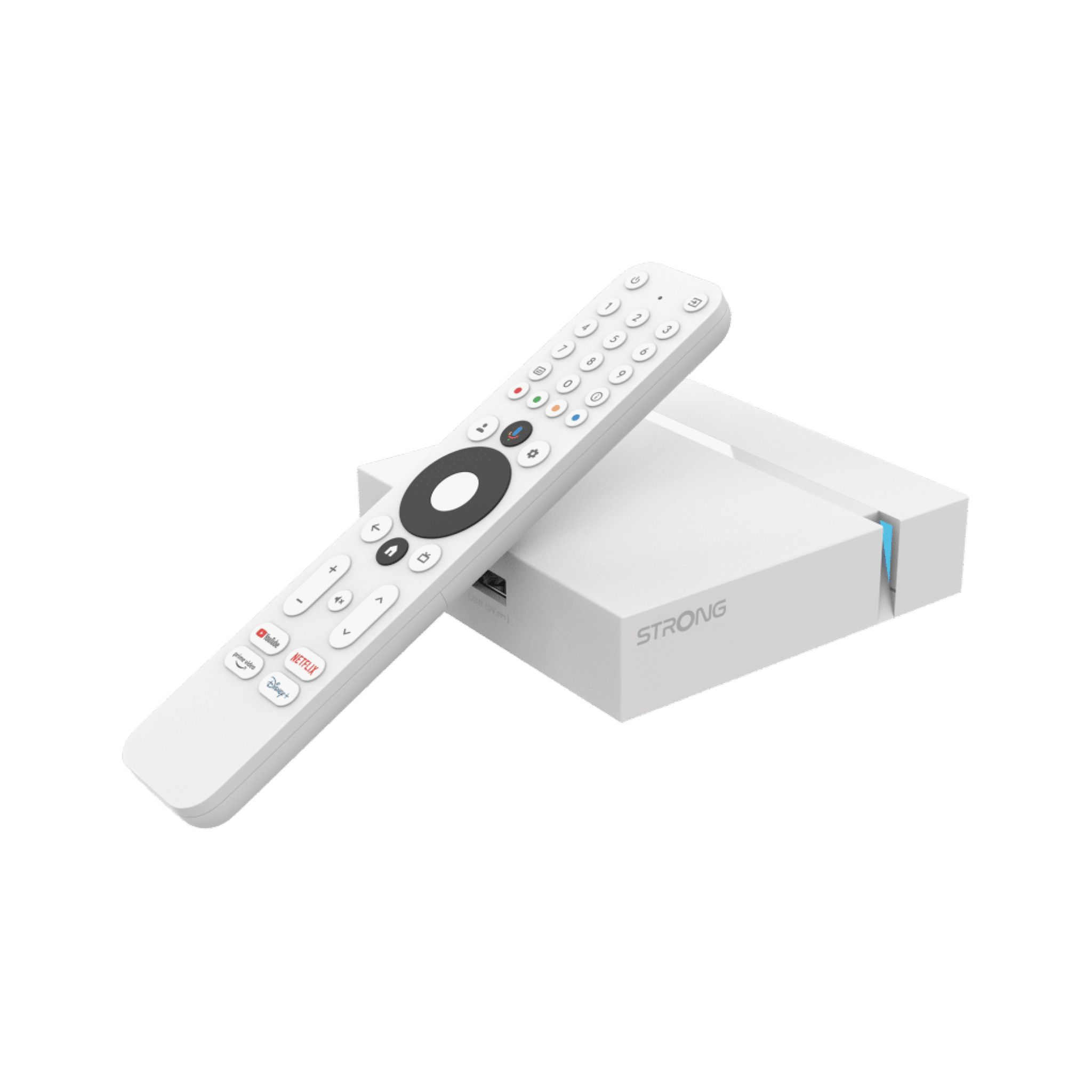 Eine weiße TV-Box mit einer Fernbedienung. Auf der Box steht das Wort STRONG.