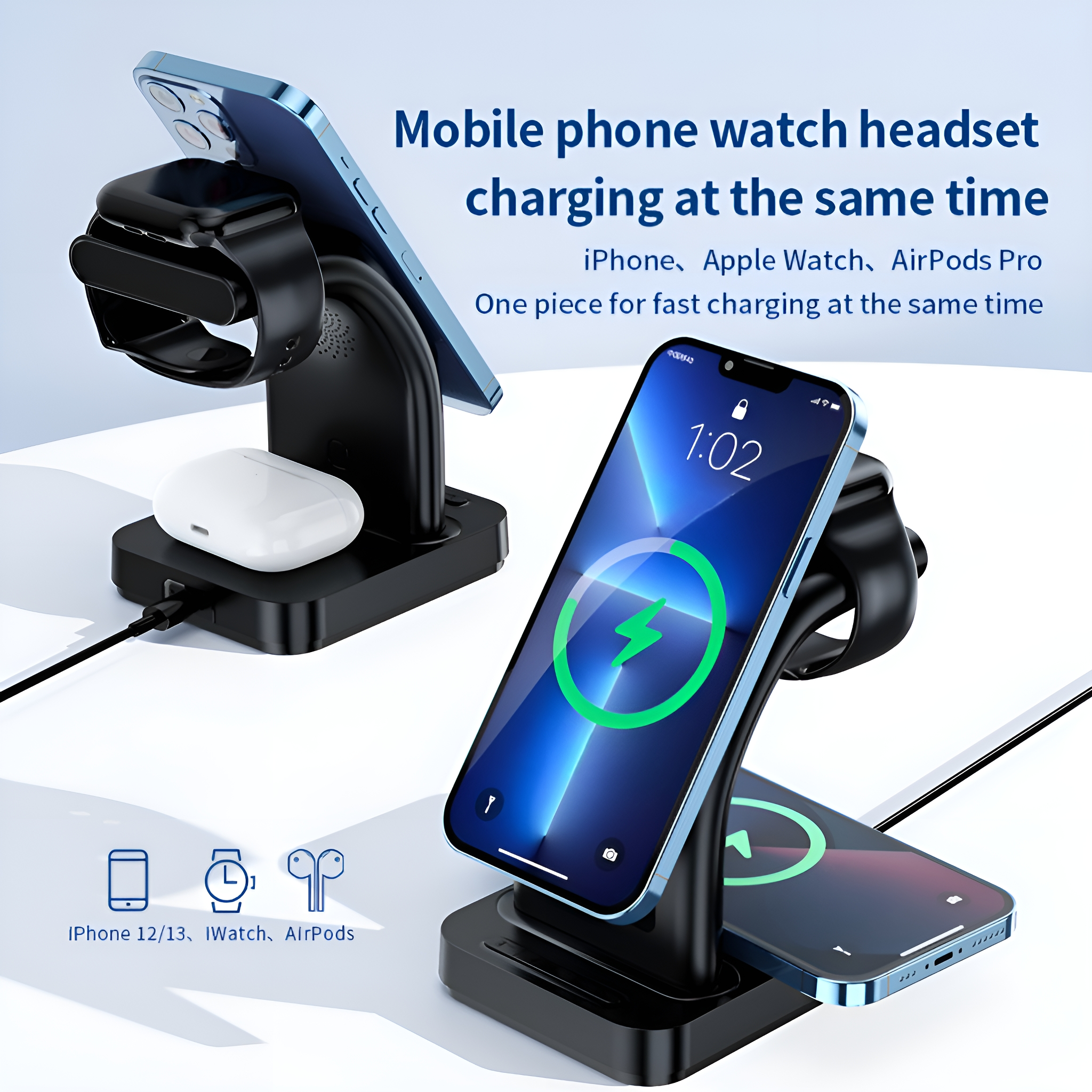 Ladestationen mit Telefon, Uhr und Ohrhörern. Telefon zeigt Ladesymbol.