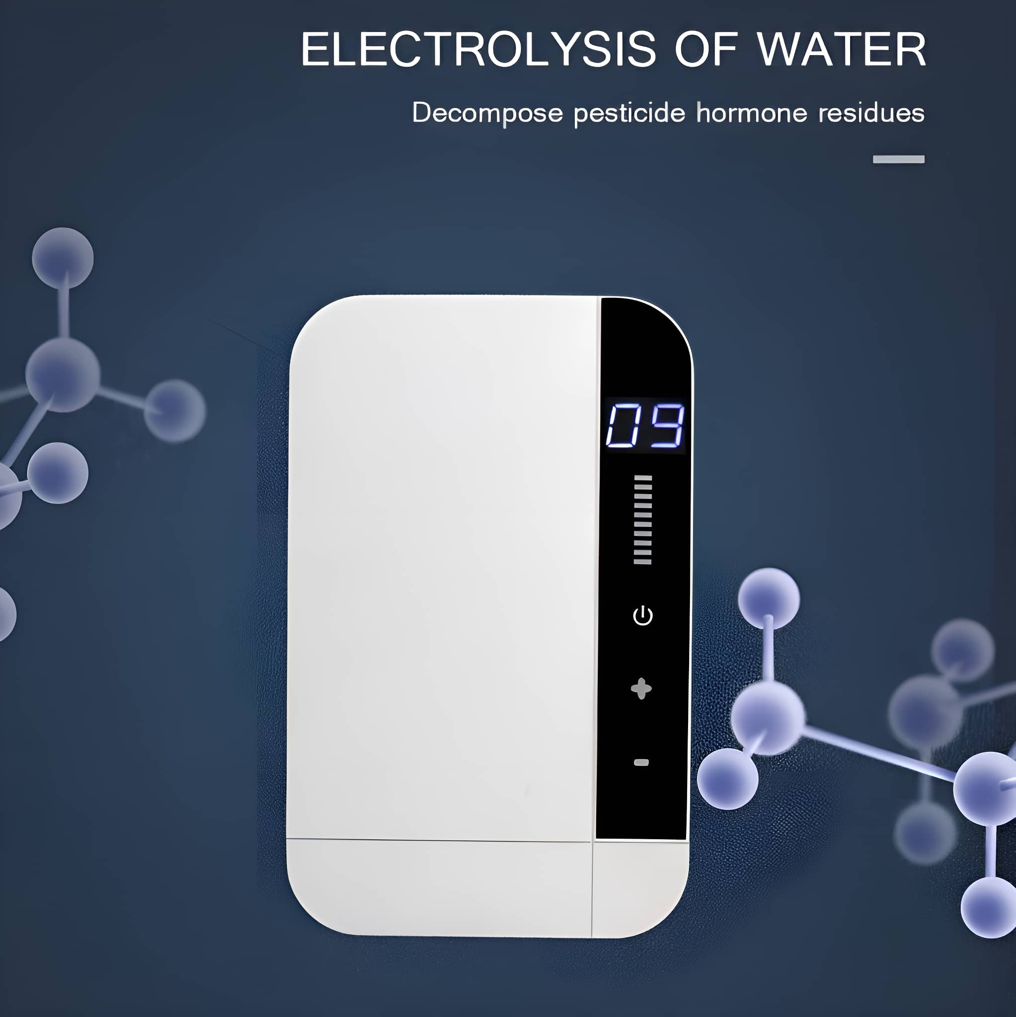 Weißes Gerät mit Anzeige '09' und Knöpfen. Text: Elektrolyse von Wasser, Zersetzung von Pestizidrückständen.