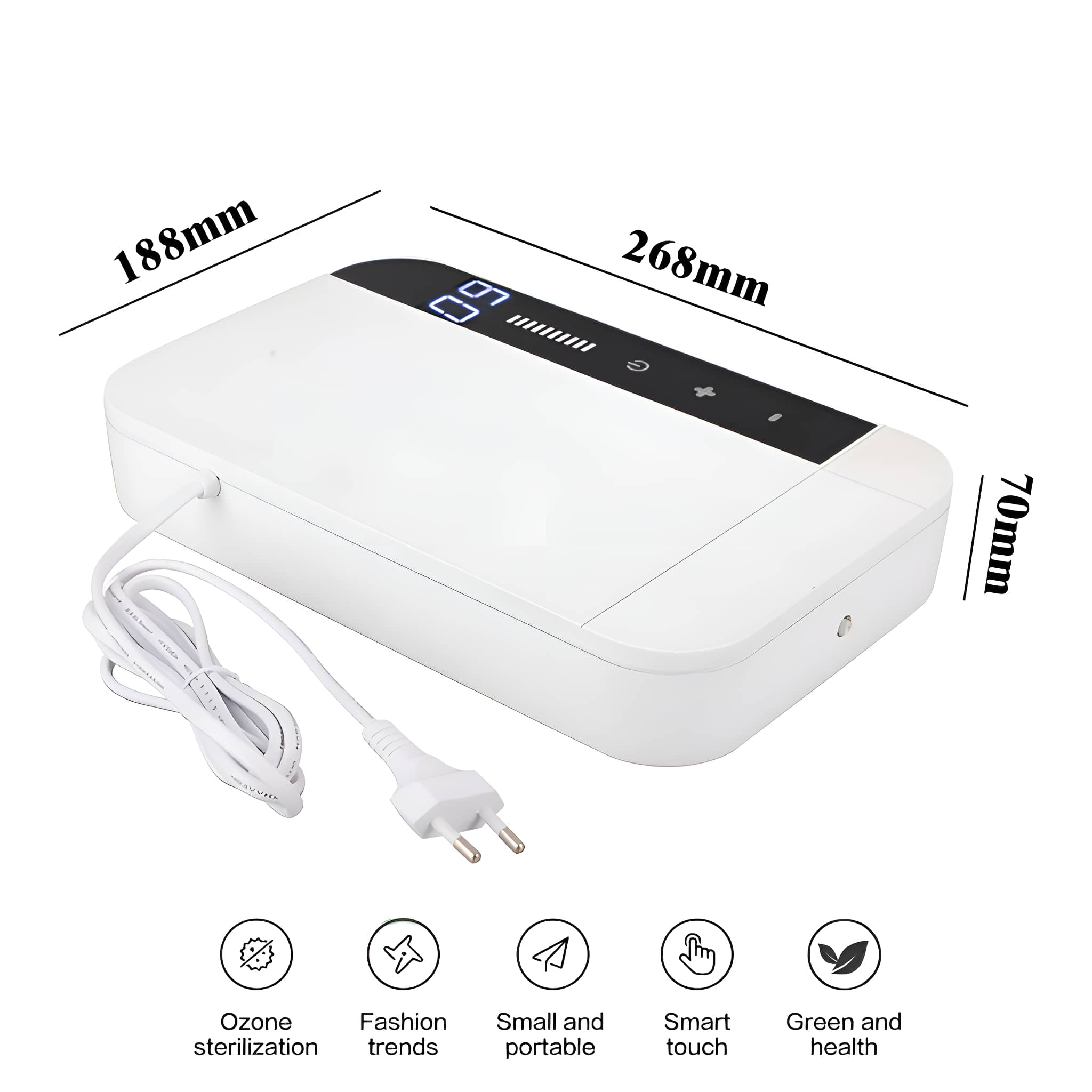 Weißer rechteckiger UV-Sterilisator mit Abmessungen. Symbole unten. Weißer Hintergrund.