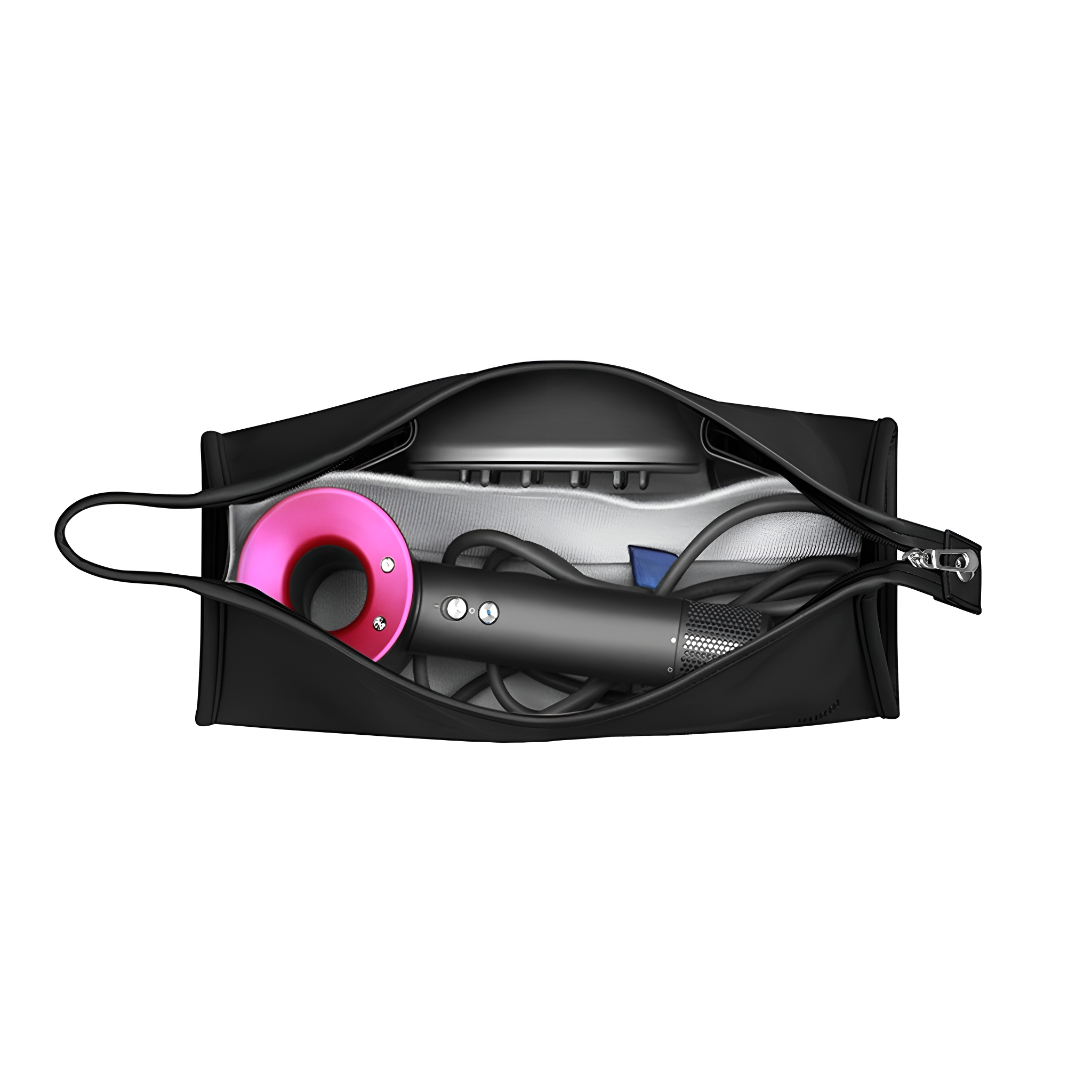 Eine schwarze Tasche. Innen befinden sich ein pinkfarbener Haartrockner und Zubehör. Die Tasche ist offen.