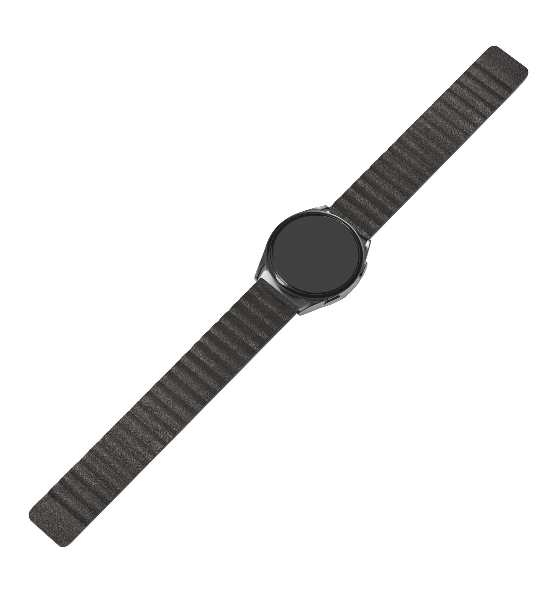 Schwarze Smartwatch mit schwarzem, gerilltem lederähnlichen Armband, isoliert auf Weiß.