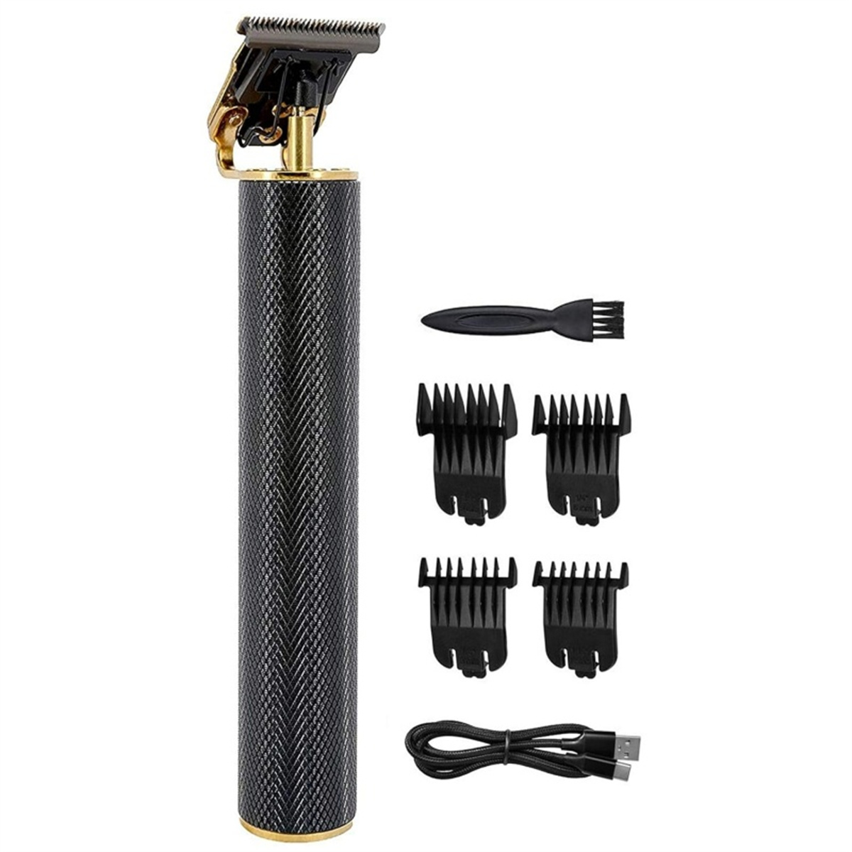 Ein kabelloser Haarschneider, schwarz und goldfarben, mit Aufsätzen. Es ist auf weißem Grund mit Zubehör.