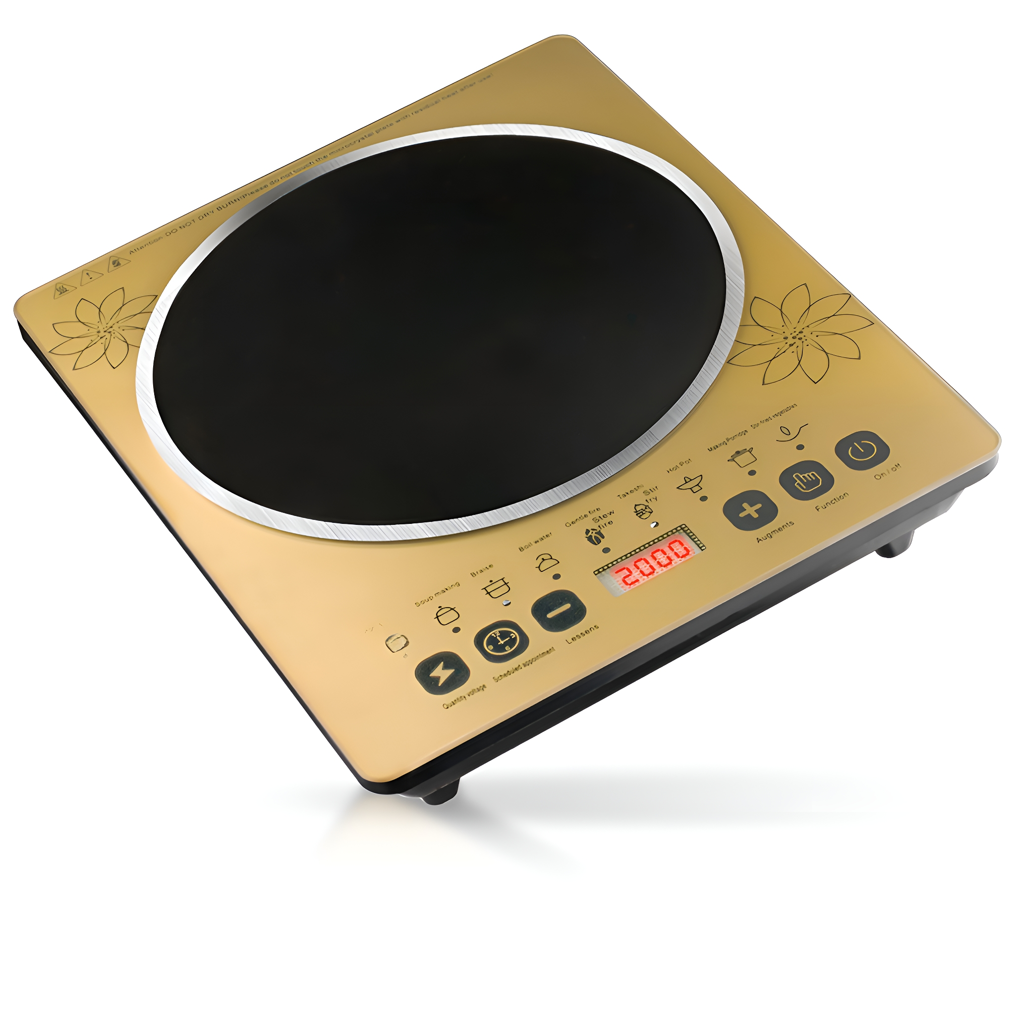 Goldfarbenes Induktionskochfeld mit digitaler Anzeige und Bedienknöpfen. Blumendesign sichtbar.