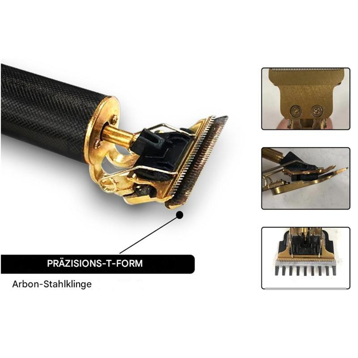 Nahaufnahme eines gold-schwarzen Haarschneiders mit drei Detailbildern.