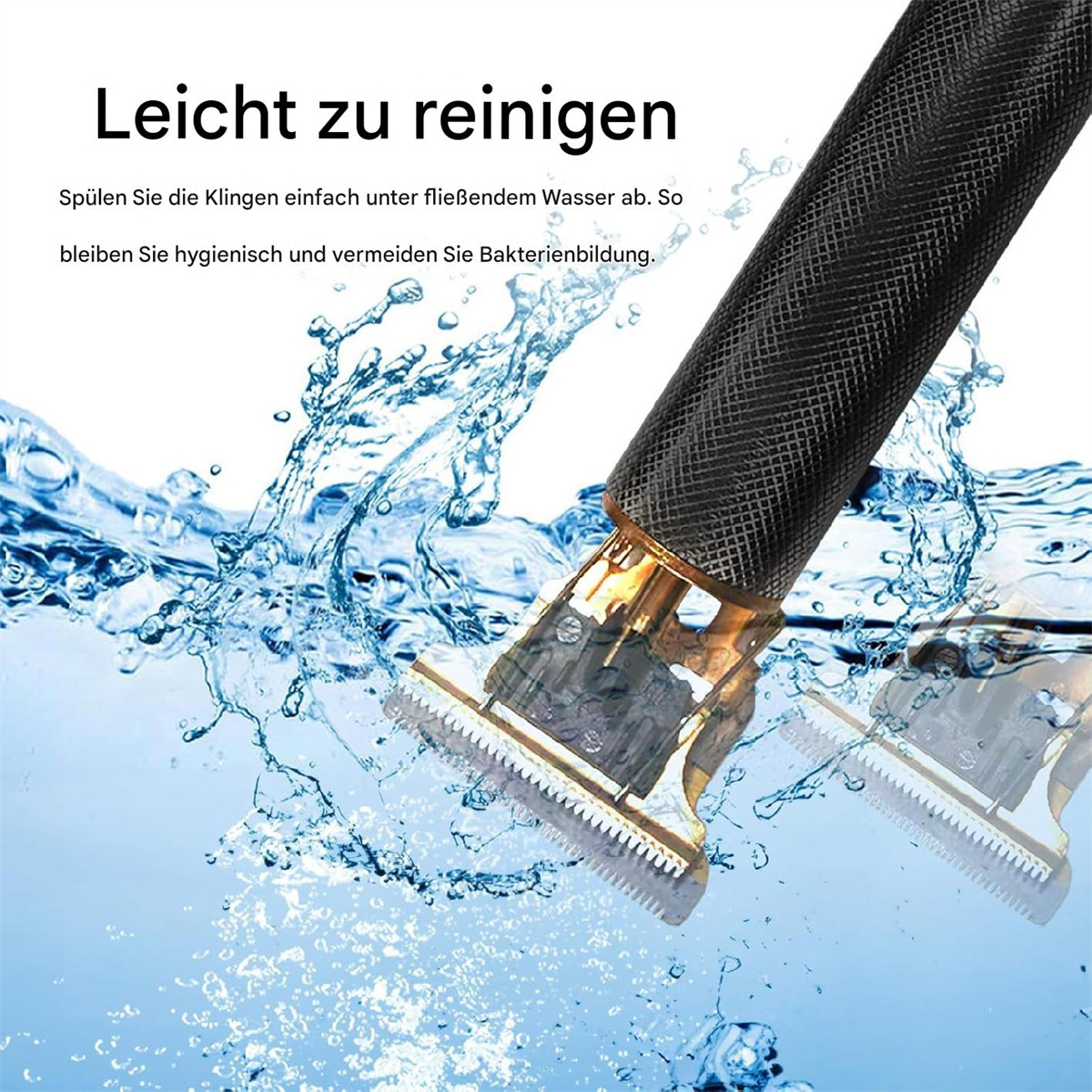 Haarschneidemaschinenklingen in Wasser. Metallklingen mit Wassertropfen und -spritzern.