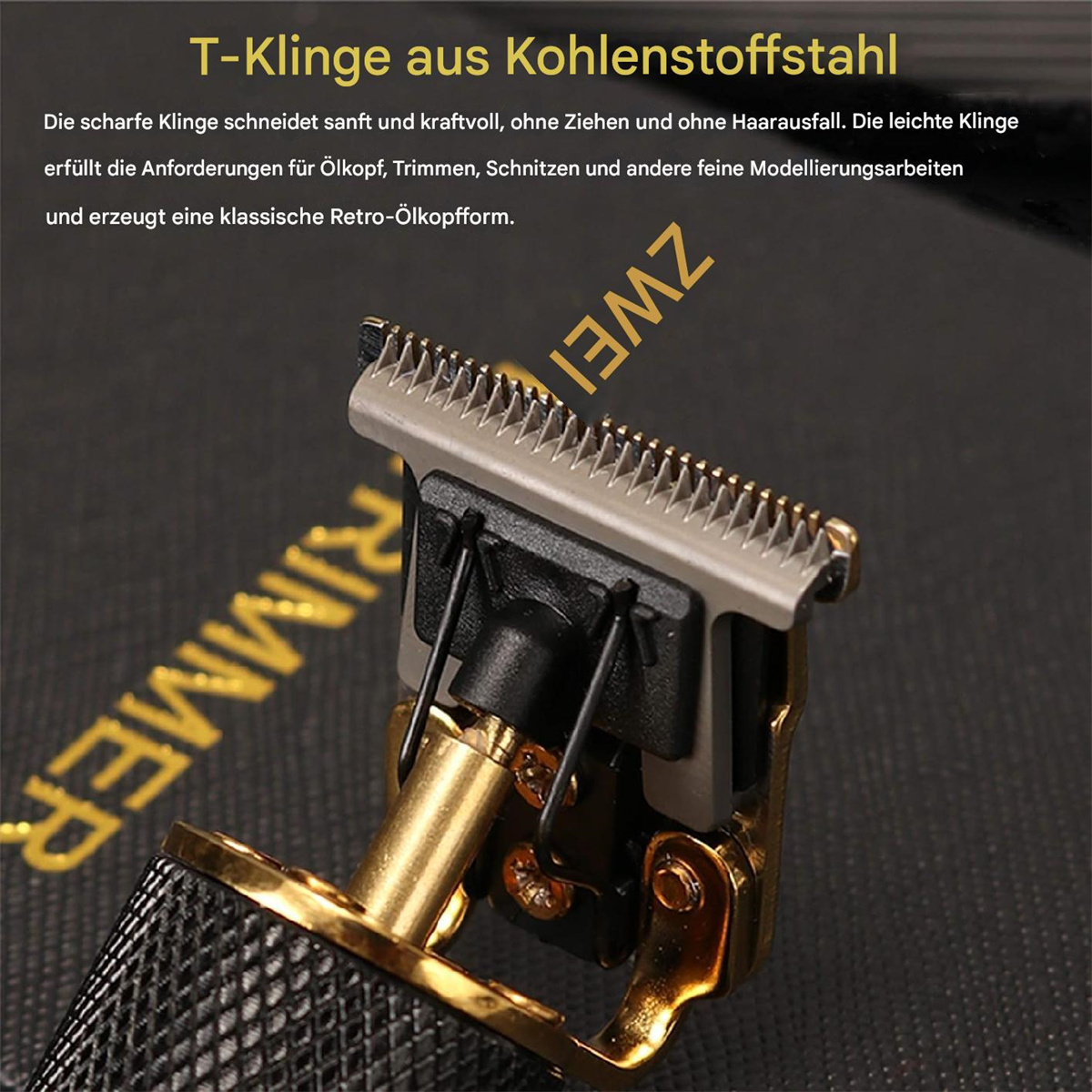 Nahaufnahme einer Trimmerklinge mit erklärendem Text.