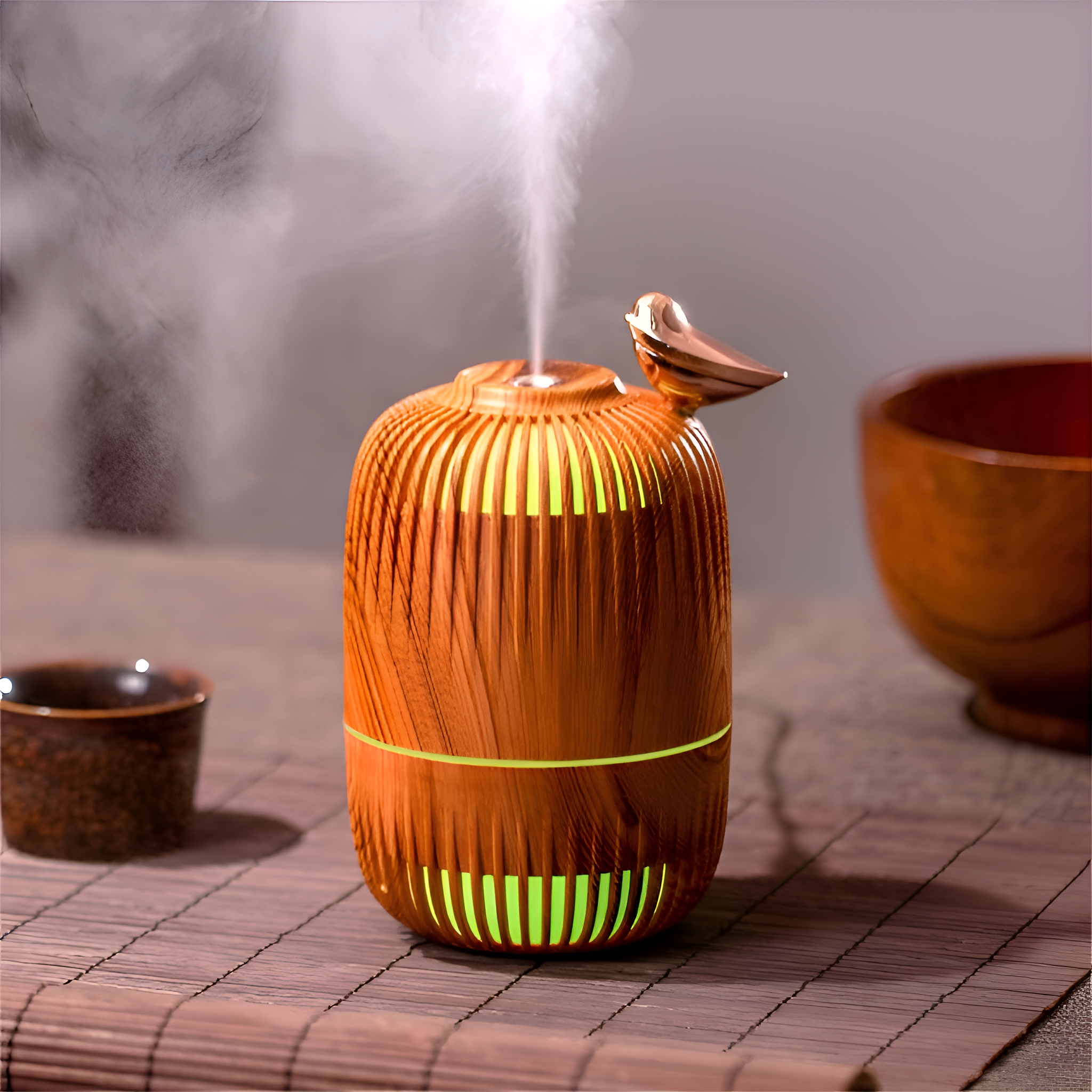 Ein Aroma-Diffusor aus Holz mit einem Vogel oben und grünem Licht.