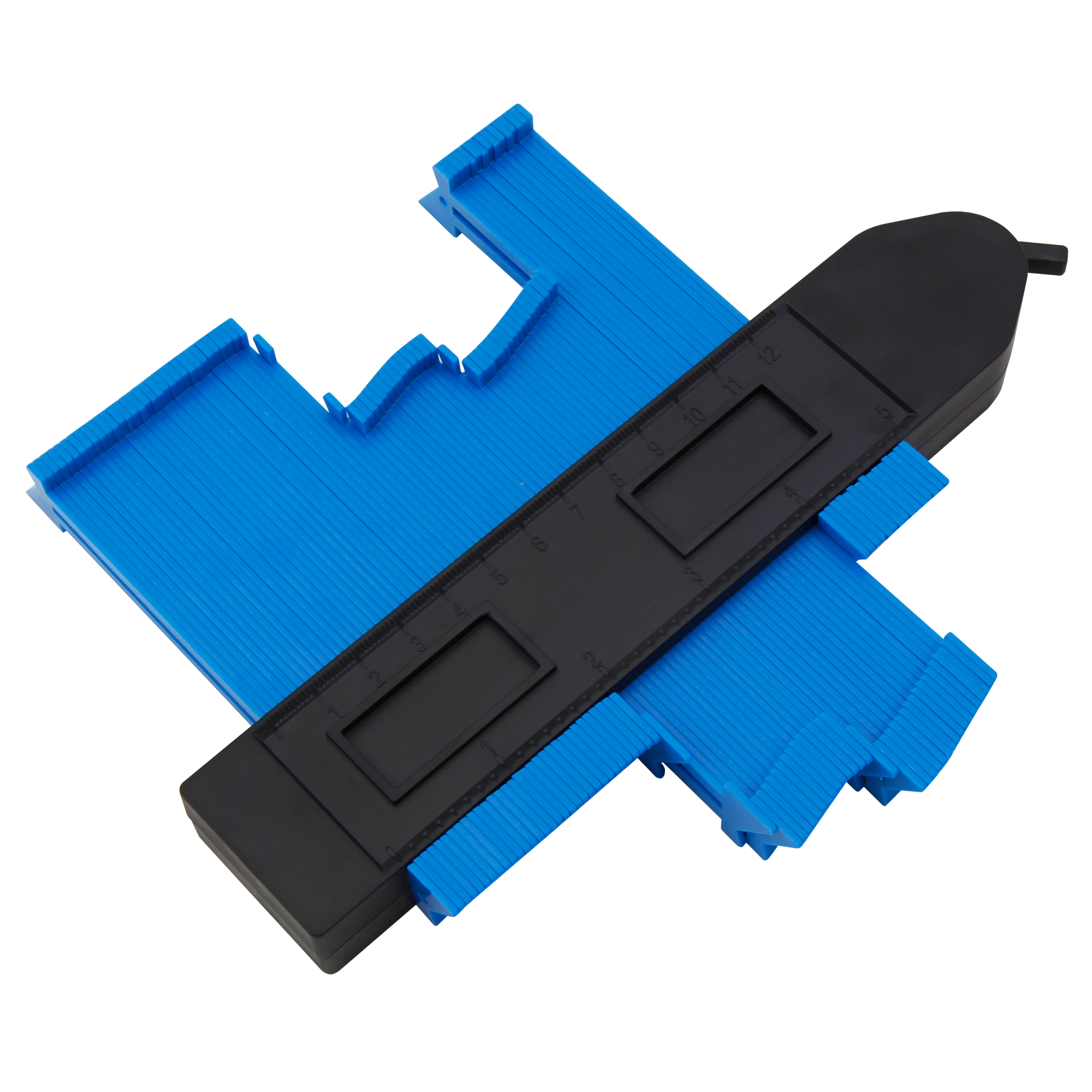 Blau-schwarzes Konturmessgerät. Mit schwarzem Lineal und gitterartigem Muster.