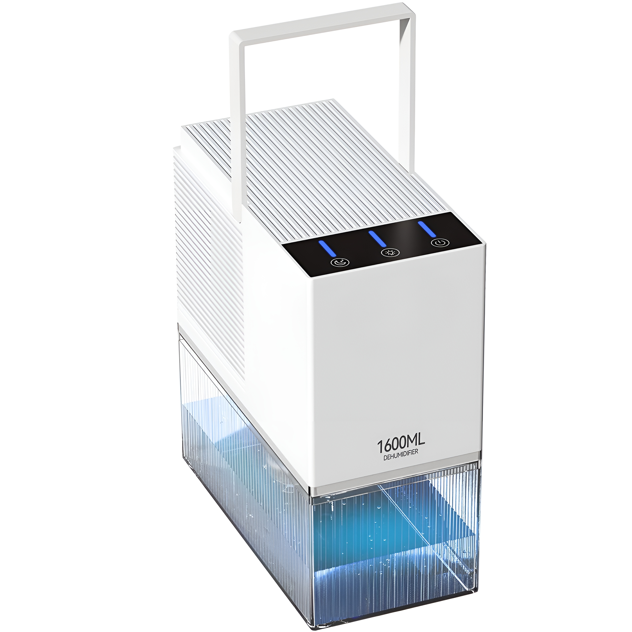 Weißer Luftentfeuchter mit transparentem Wassertank. Weißer Hintergrund.
