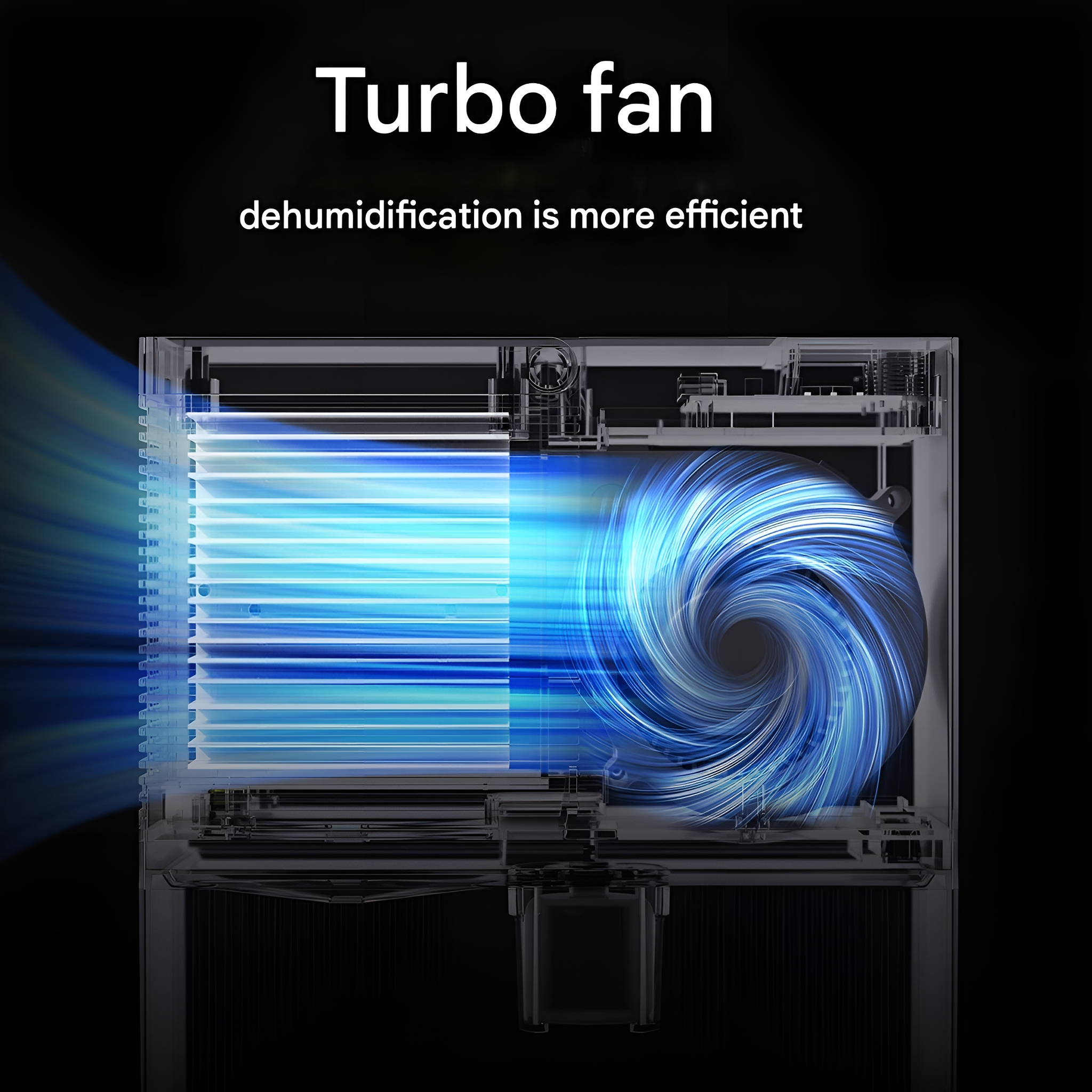 Eine transparente Maschine mit einem blauen Ventilator im Inneren, mit blauen Lichtern. Schwarzer Hintergrund.
