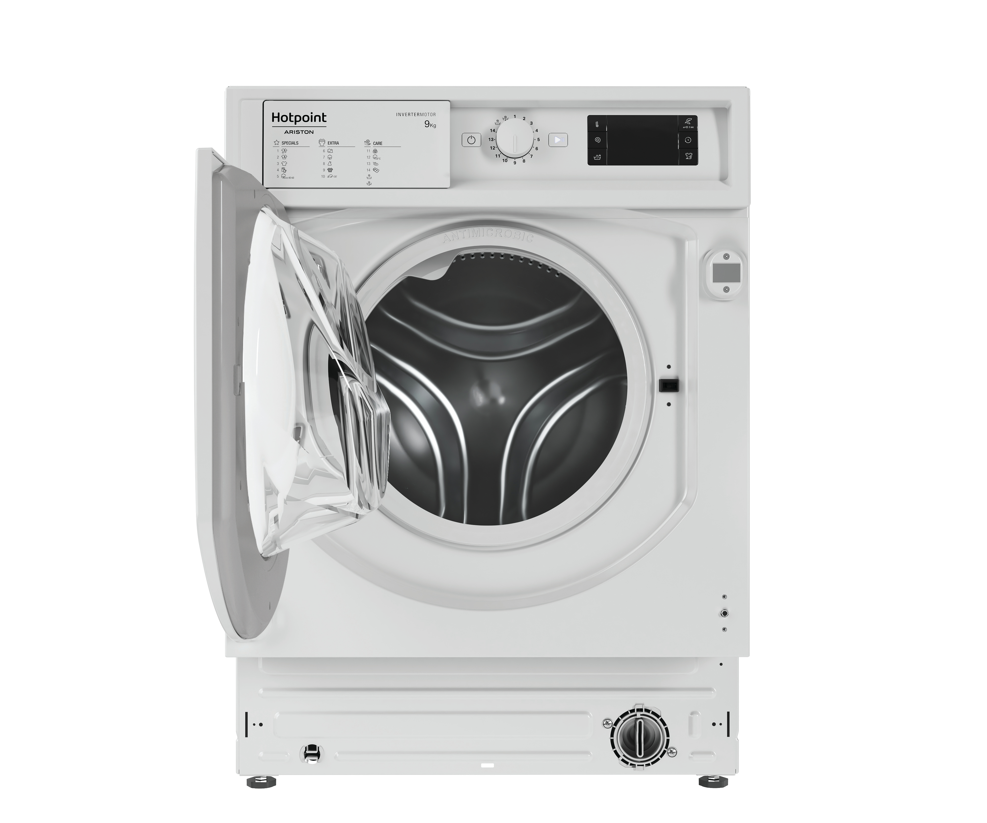 Una lavatrice Hotpoint bianca con la porta aperta, che mostra il cestello interno.