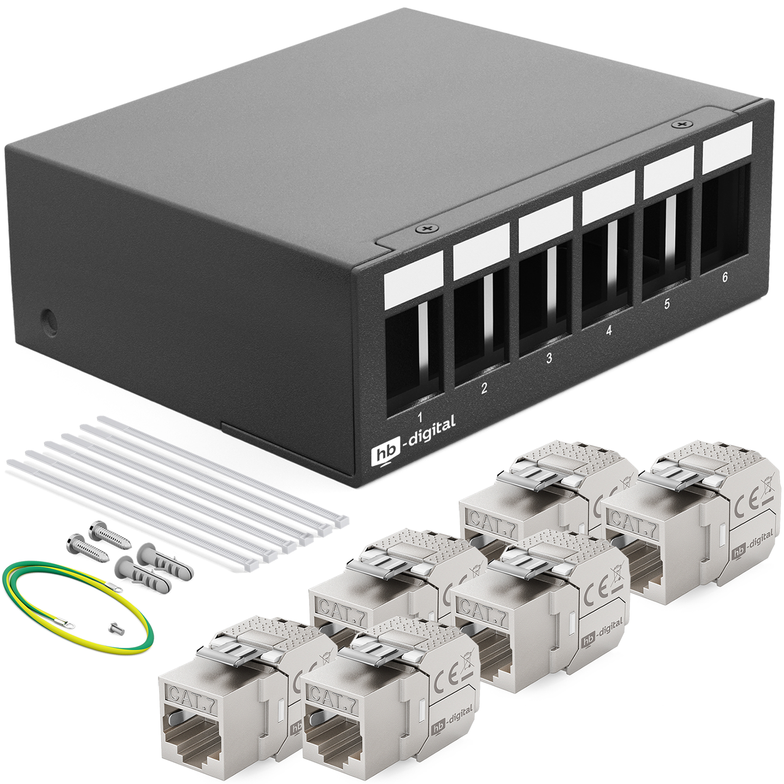 Netzwerk-Patchpanel. Schwarzes Patchpanel mit CAT7-Anschlüssen und Zubehör auf weißem Hintergrund.