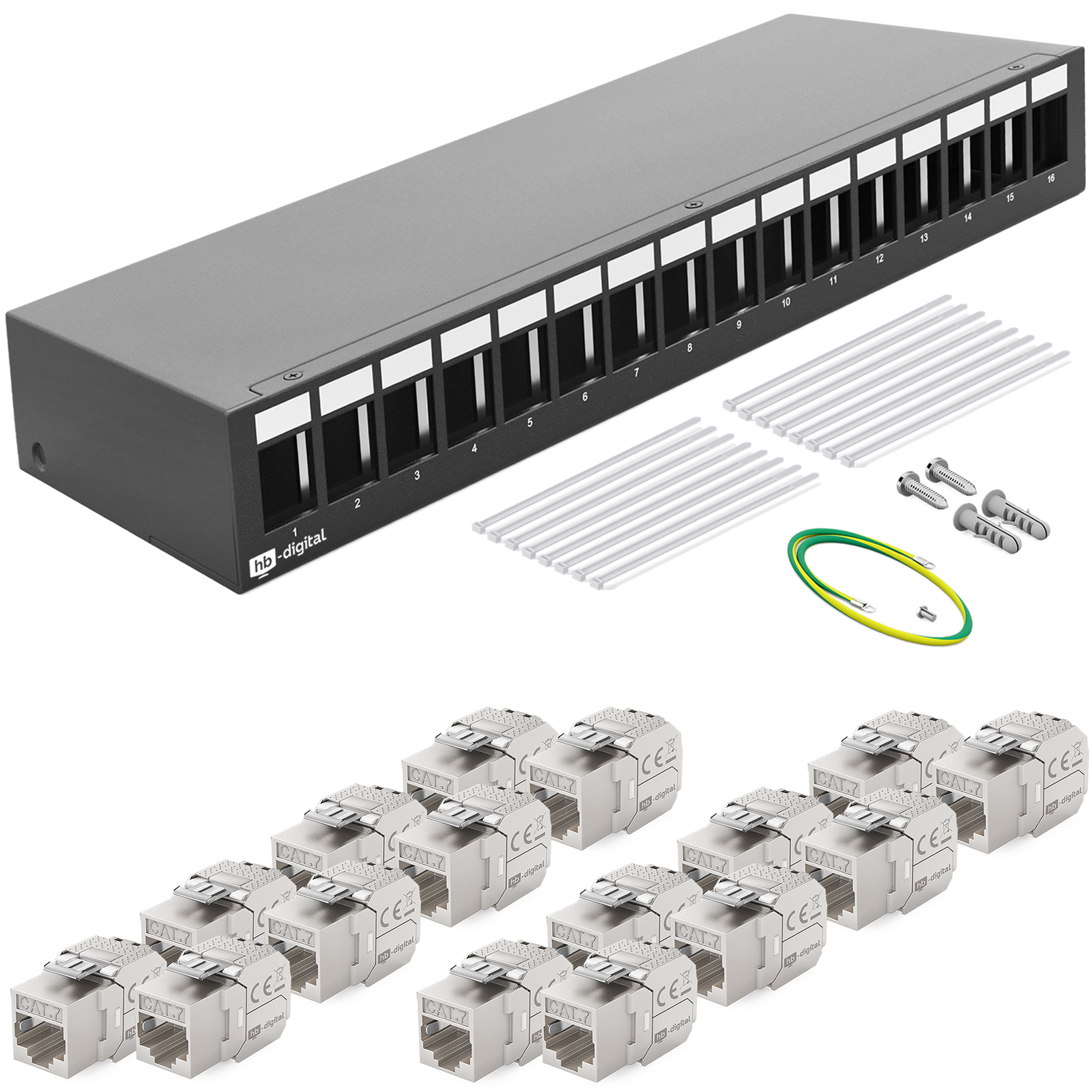 Schwarzes Netzwerk-Patchpanel mit Anschlüssen, Zubehör und Etiketten.